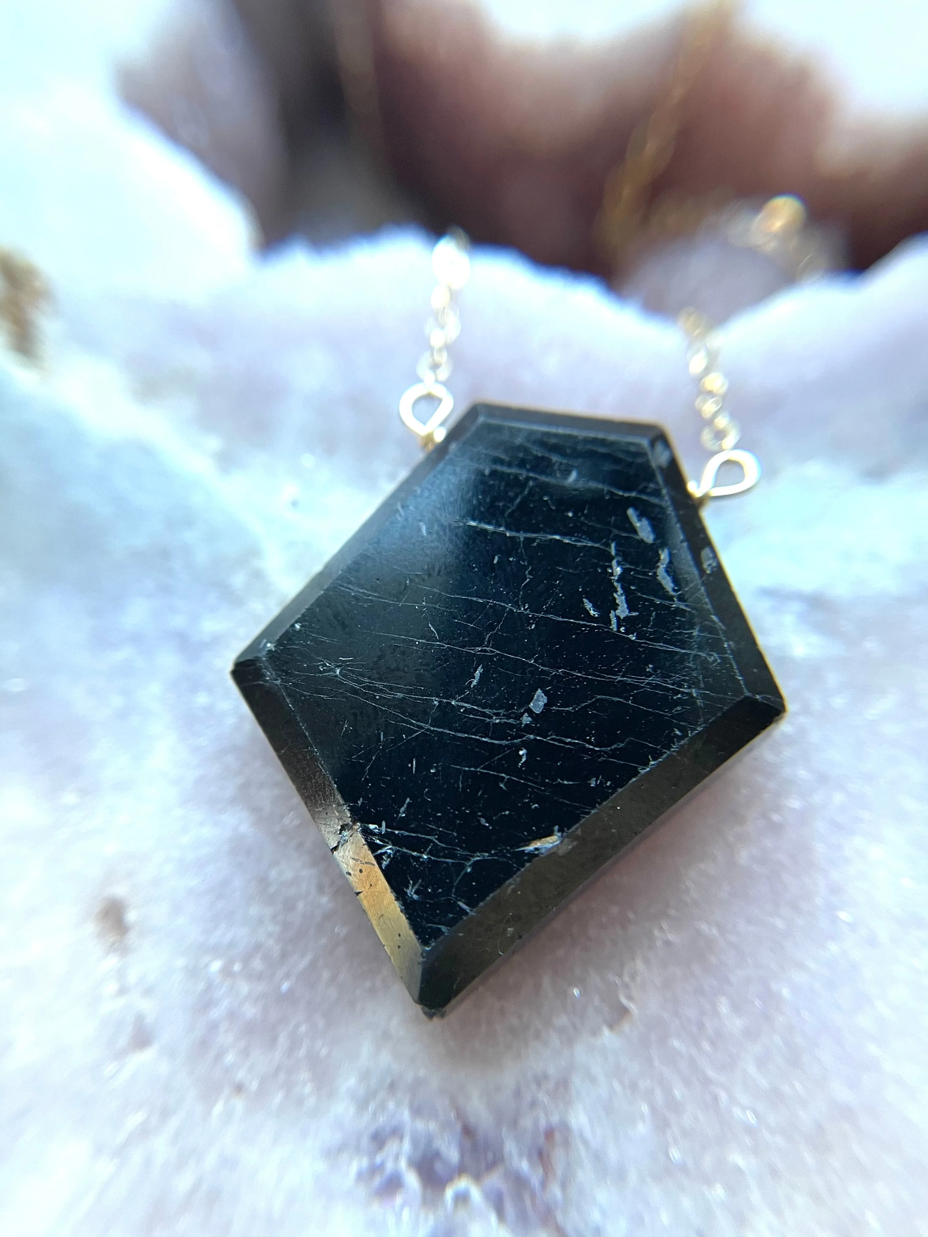 Large black tourmaline shield plate necklace - empath protection jewelry