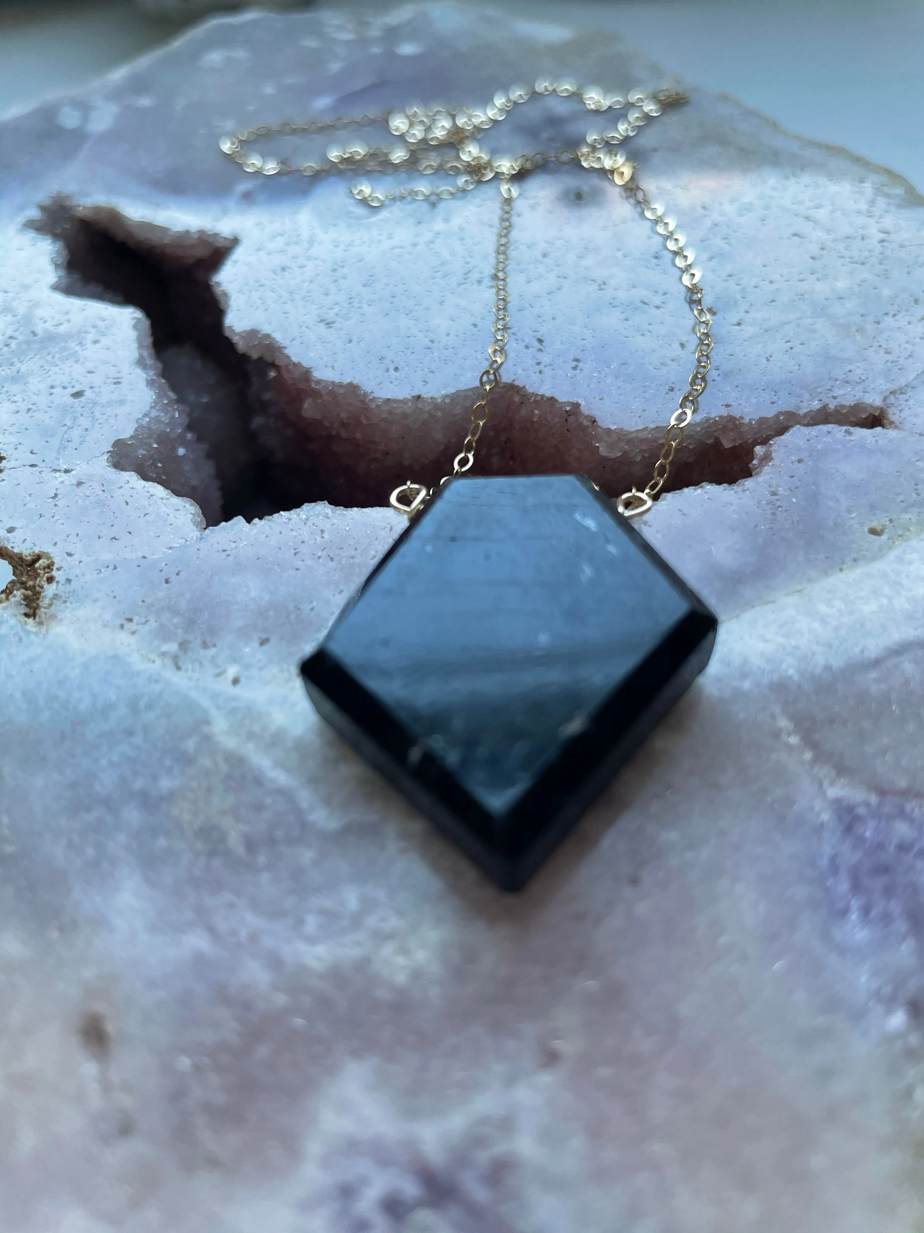 Large black tourmaline shield plate necklace - empath protection jewelry