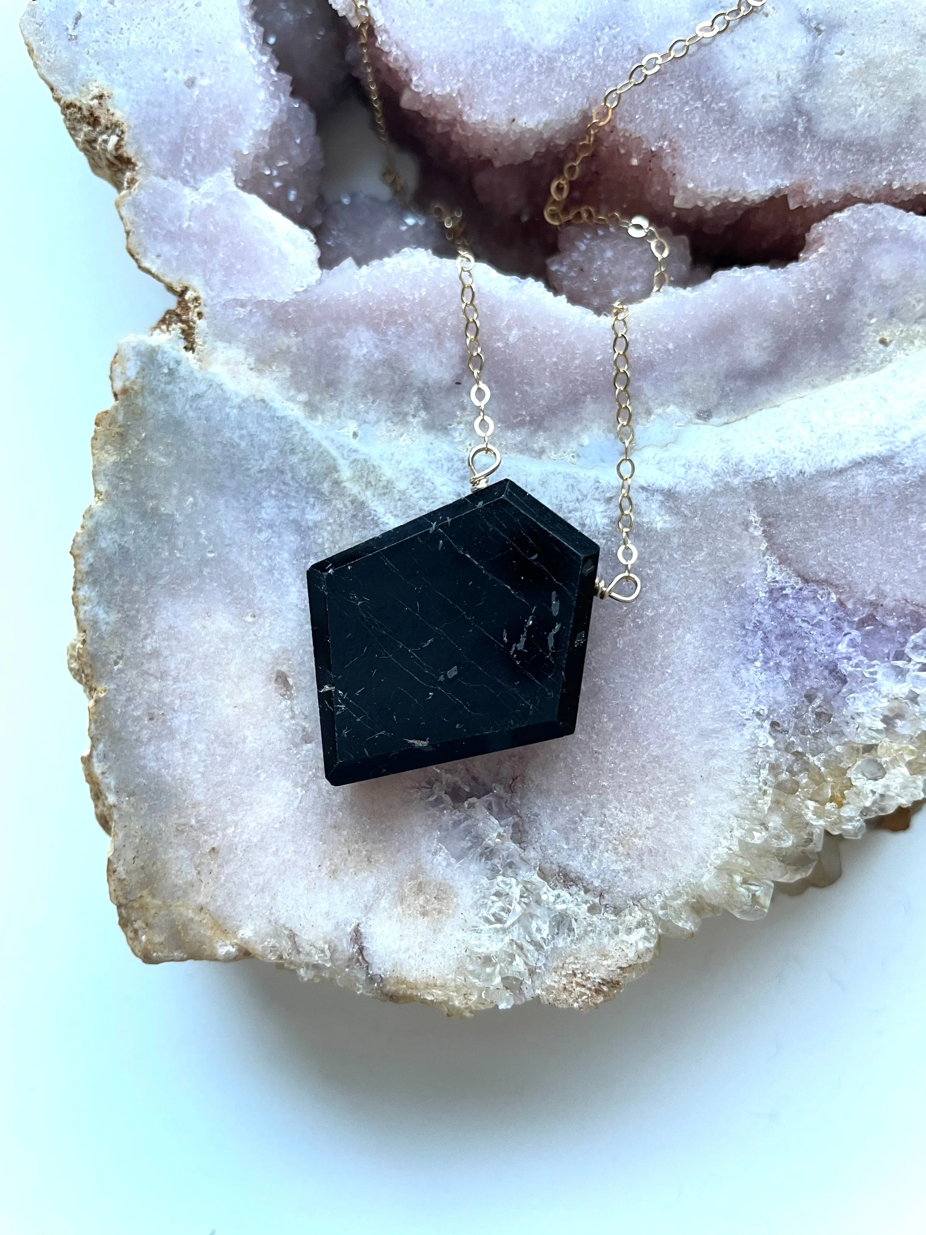 Large black tourmaline shield plate necklace - empath protection jewelry