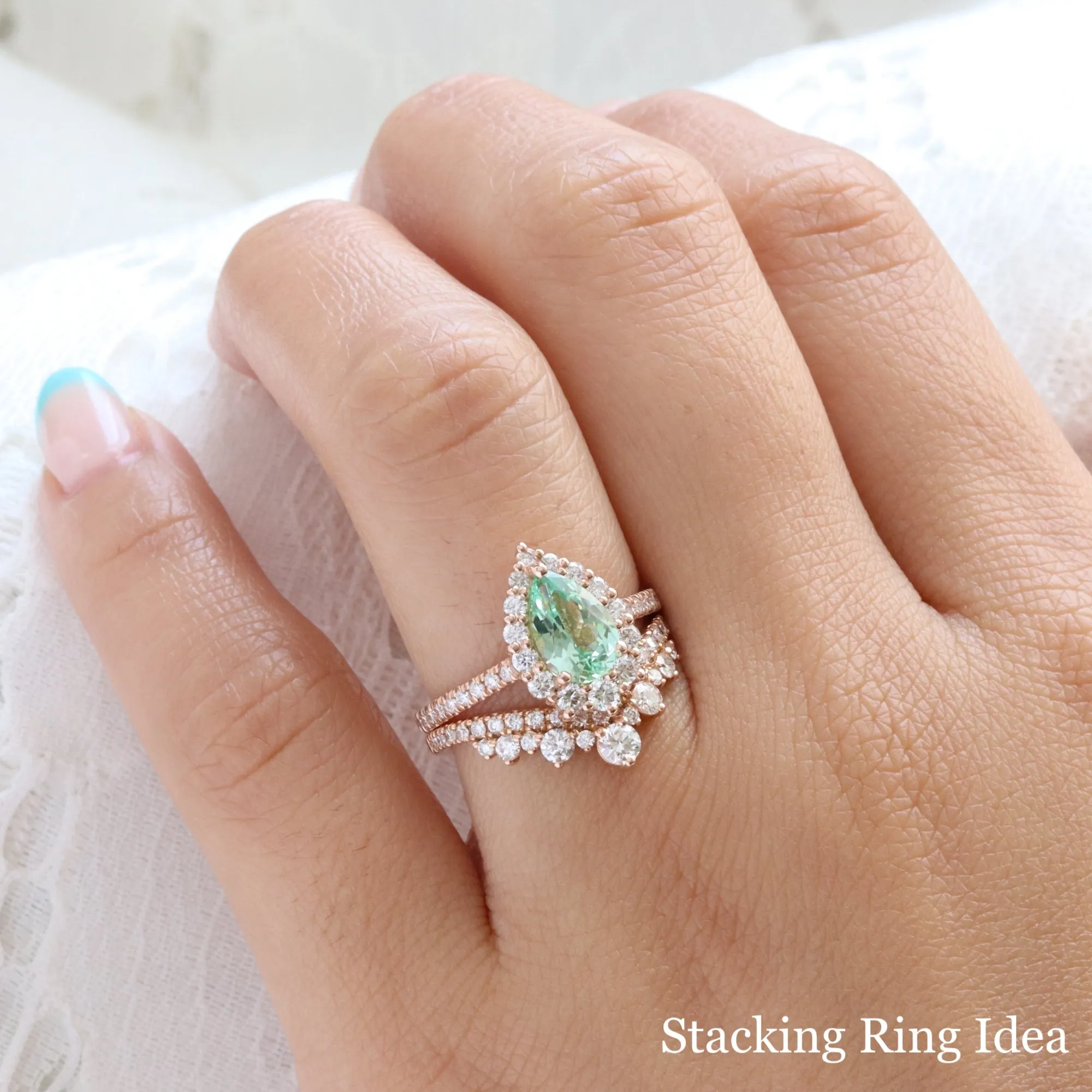 Large Pear Green Sapphire Ring in Tiara Halo Diamond Pave Band