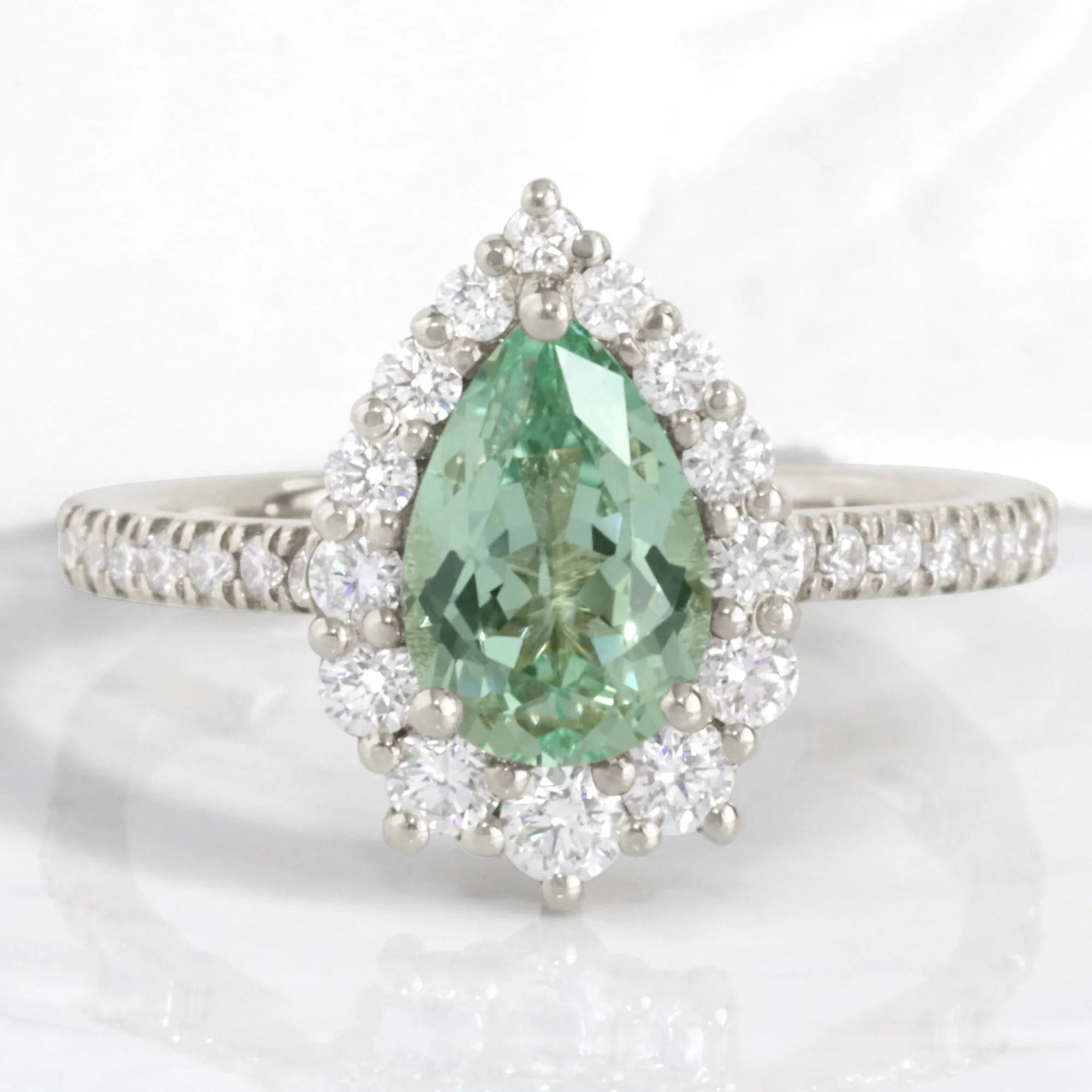 Large Pear Green Sapphire Ring in Tiara Halo Diamond Pave Band