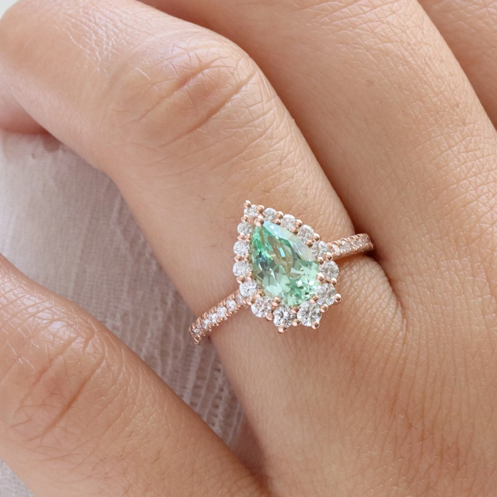 Large Pear Green Sapphire Ring in Tiara Halo Diamond Pave Band