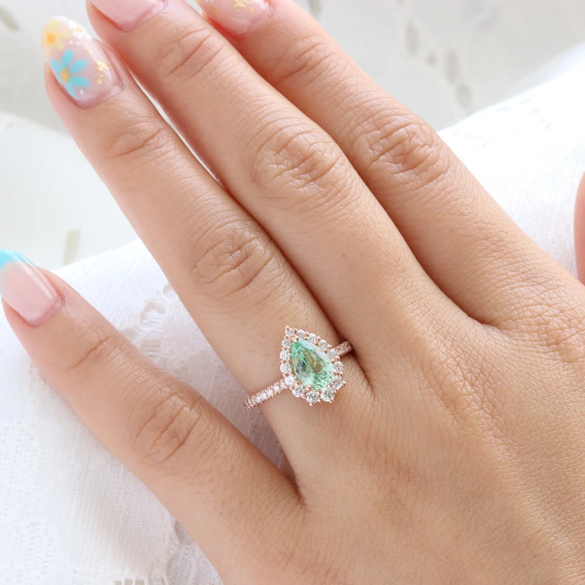 Large Pear Green Sapphire Ring in Tiara Halo Diamond Pave Band