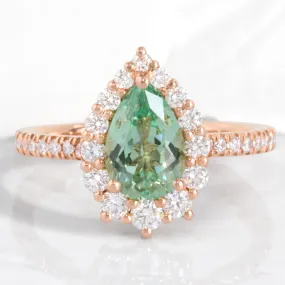 Large Pear Green Sapphire Ring in Tiara Halo Diamond Pave Band