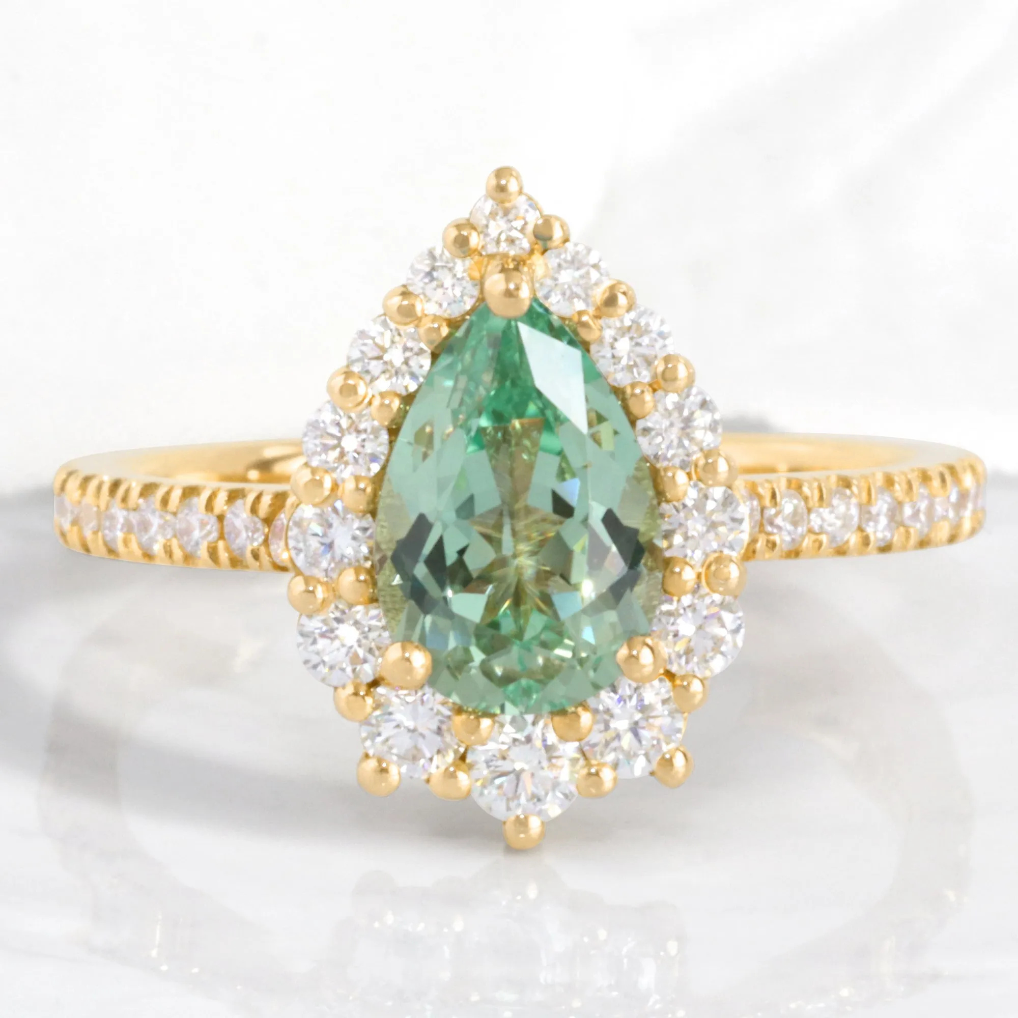 Large Pear Green Sapphire Ring in Tiara Halo Diamond Pave Band