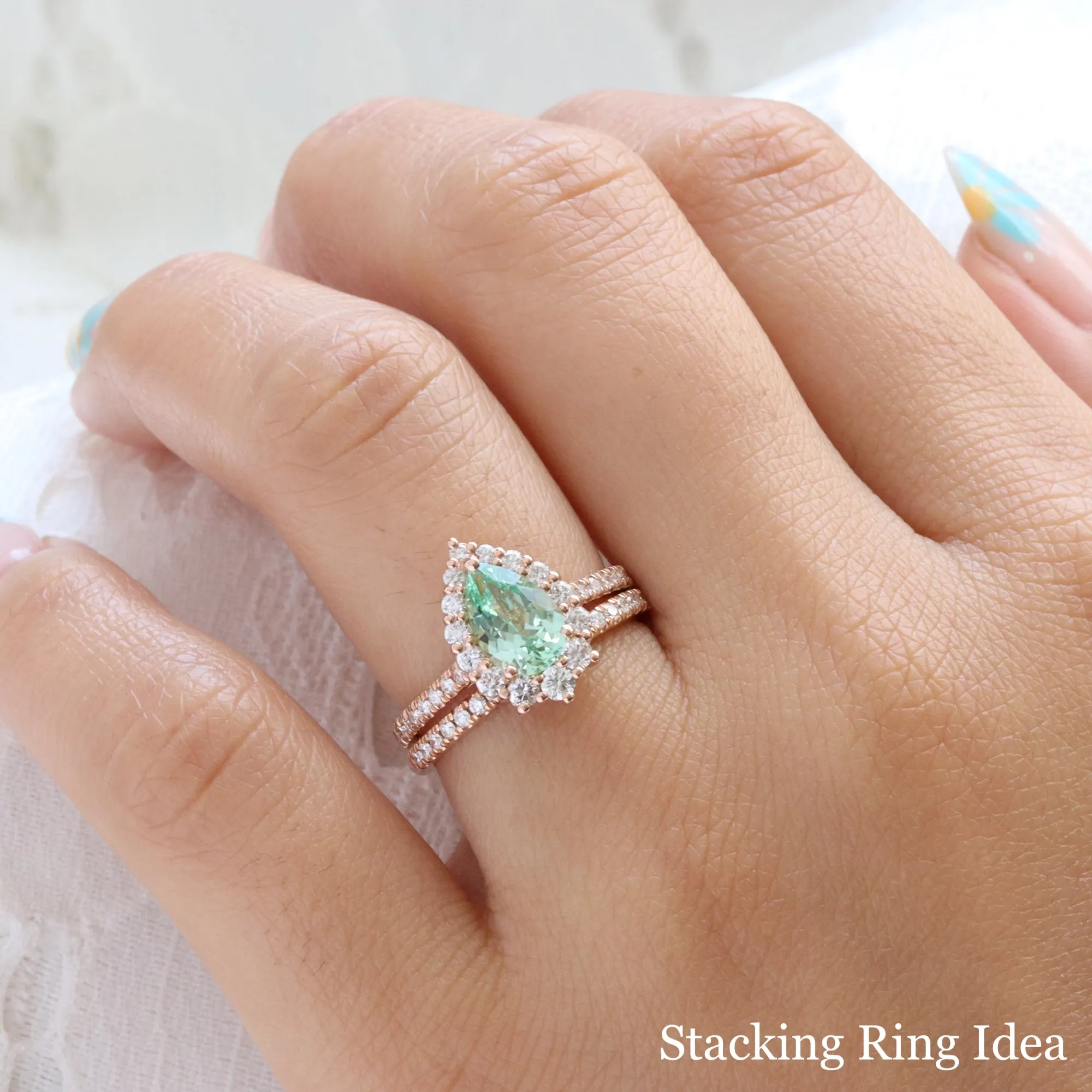 Large Pear Green Sapphire Ring in Tiara Halo Diamond Pave Band