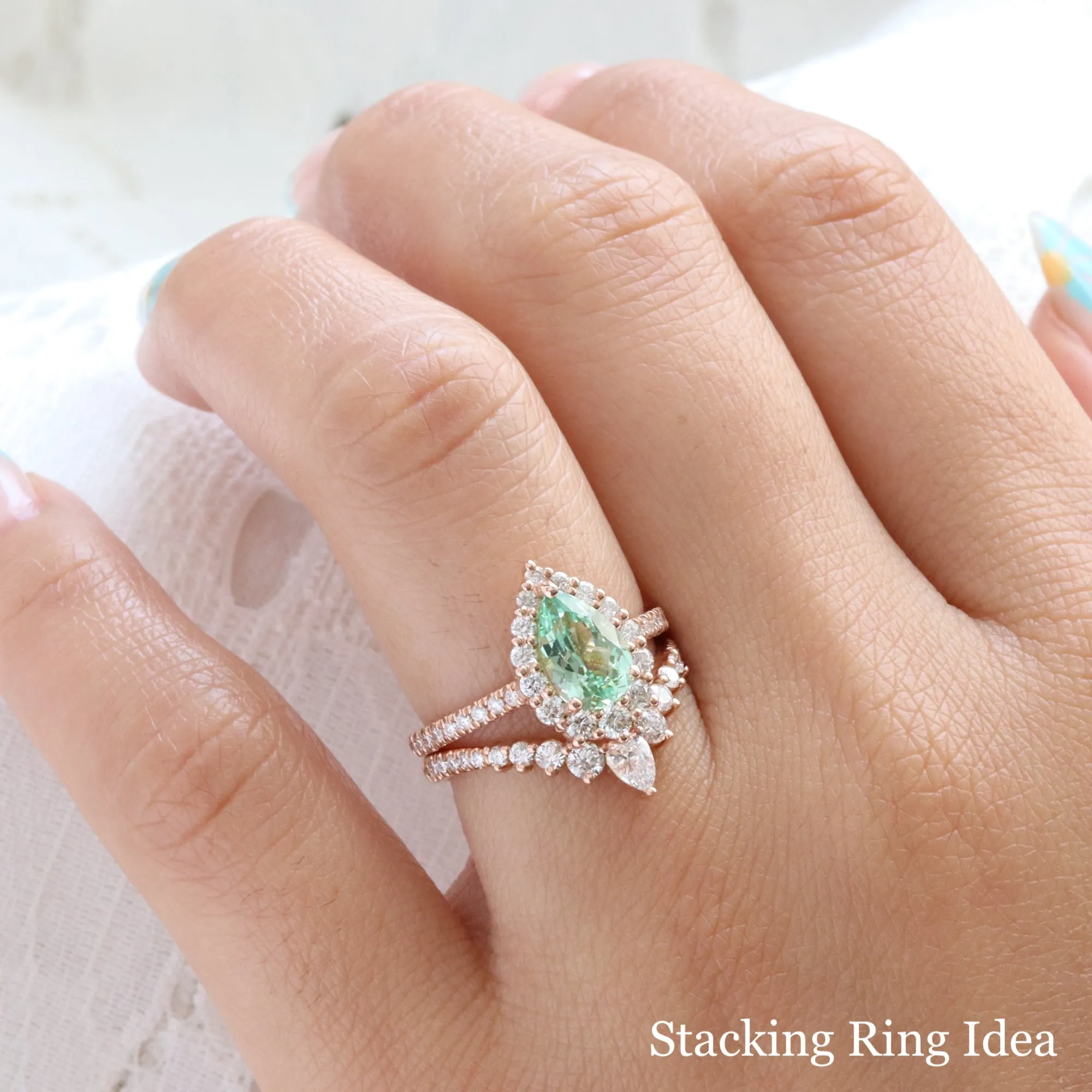 Large Pear Green Sapphire Ring in Tiara Halo Diamond Pave Band