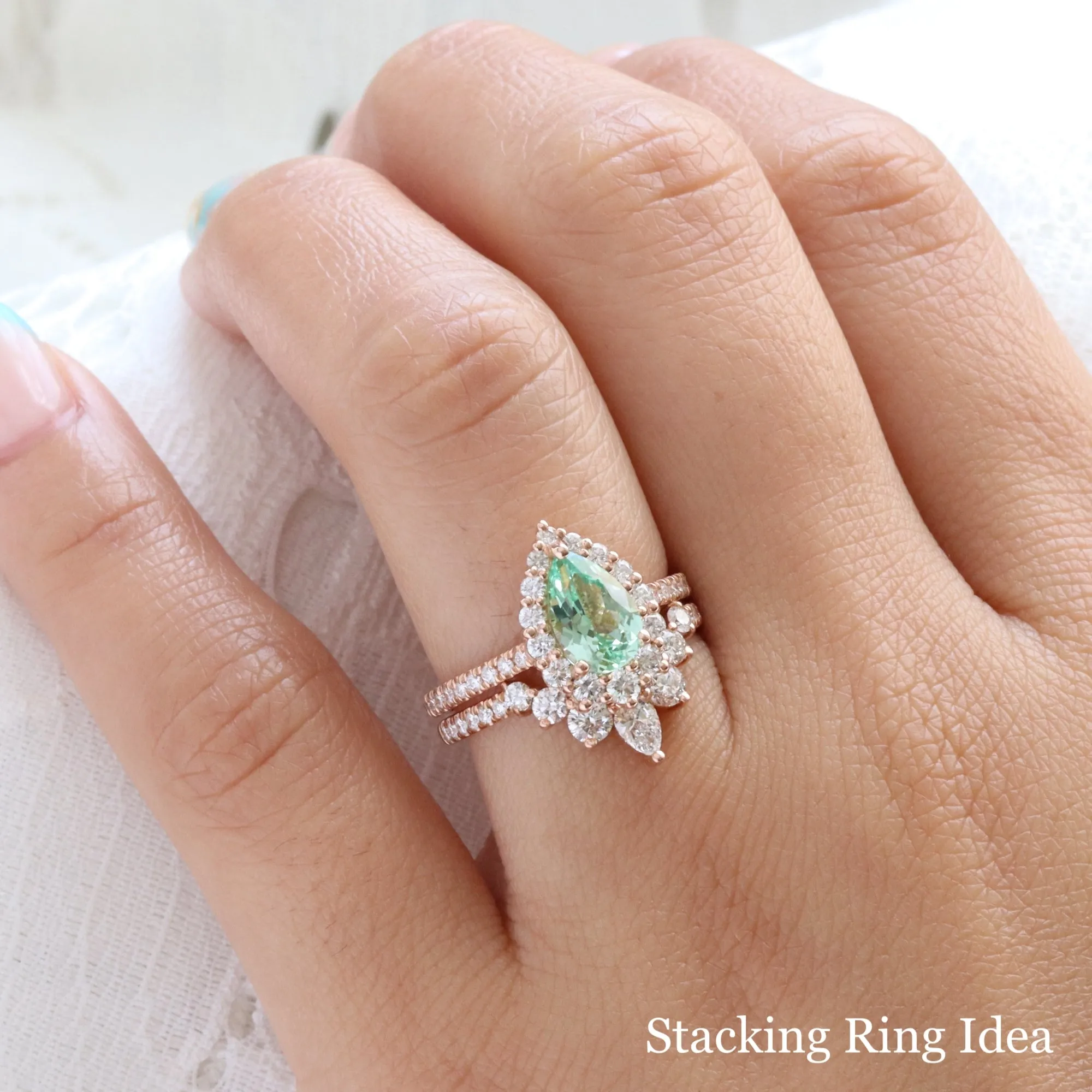 Large Pear Green Sapphire Ring in Tiara Halo Diamond Pave Band