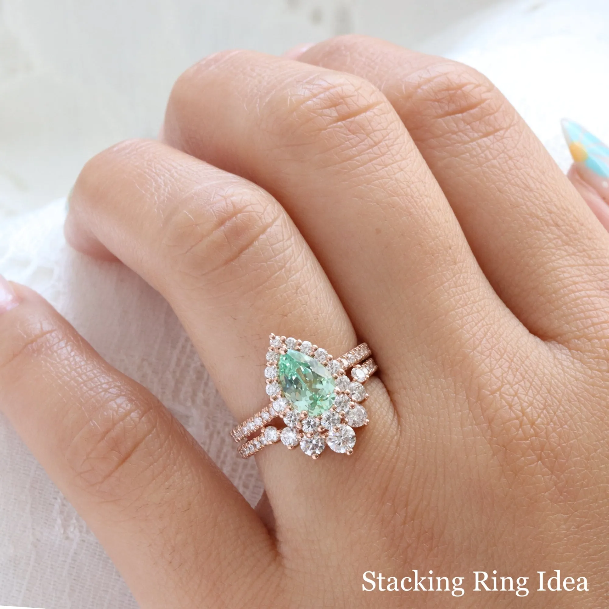 Large Pear Green Sapphire Ring in Tiara Halo Diamond Pave Band