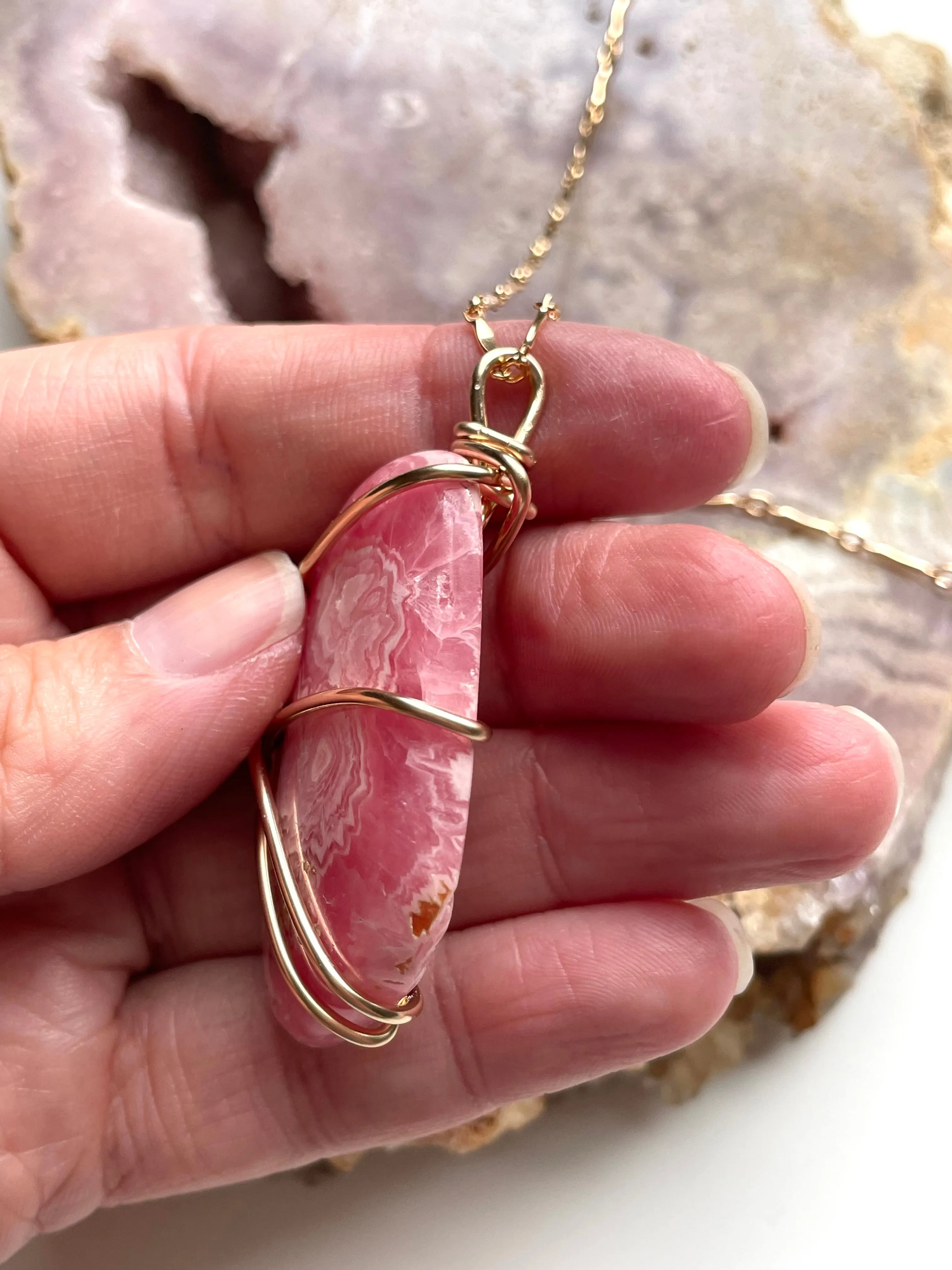 Large Pink Rhodocrosite Statement Stone Pendant  Necklace 14kt Gold Fill