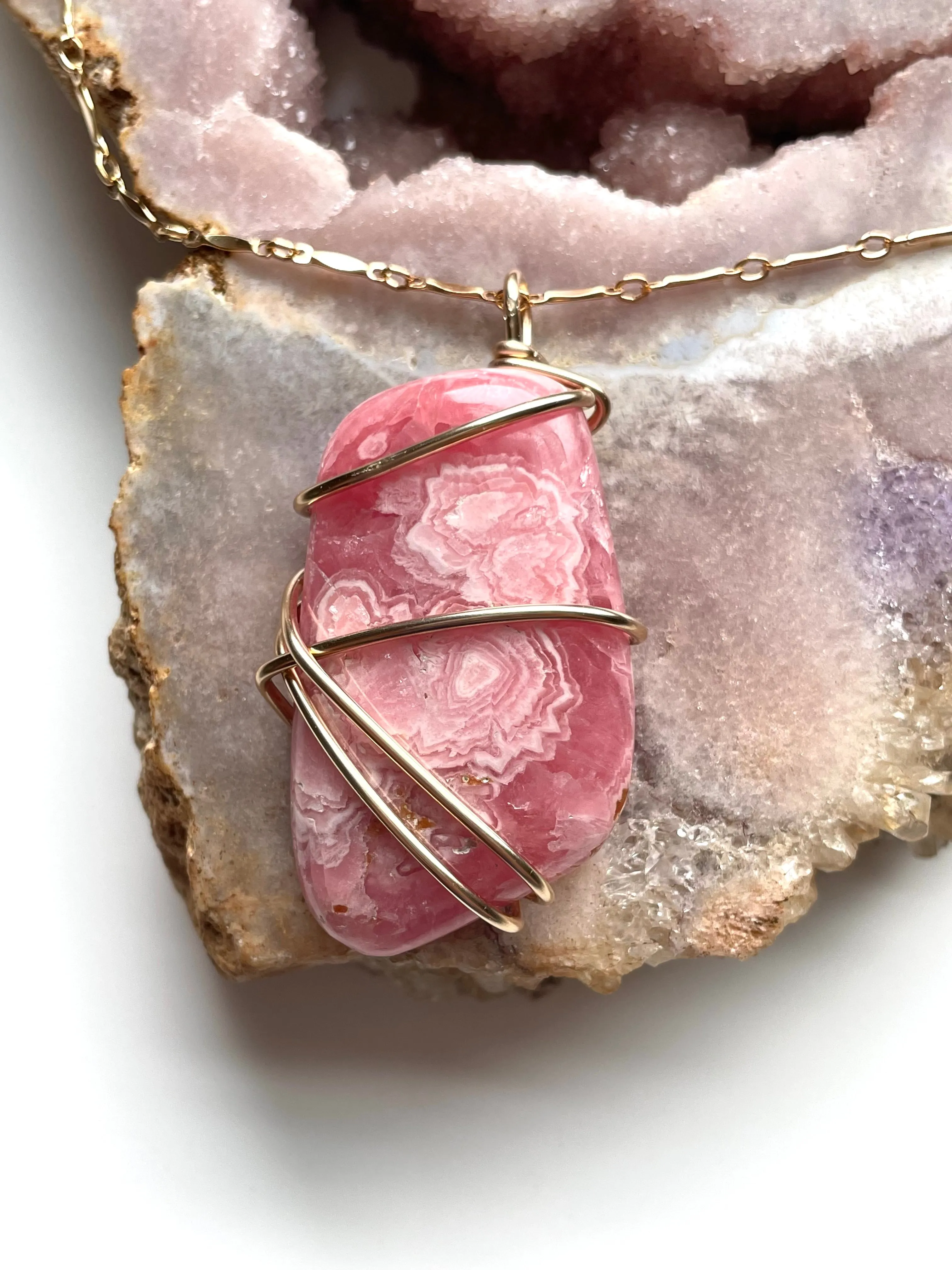 Large Pink Rhodocrosite Statement Stone Pendant  Necklace 14kt Gold Fill