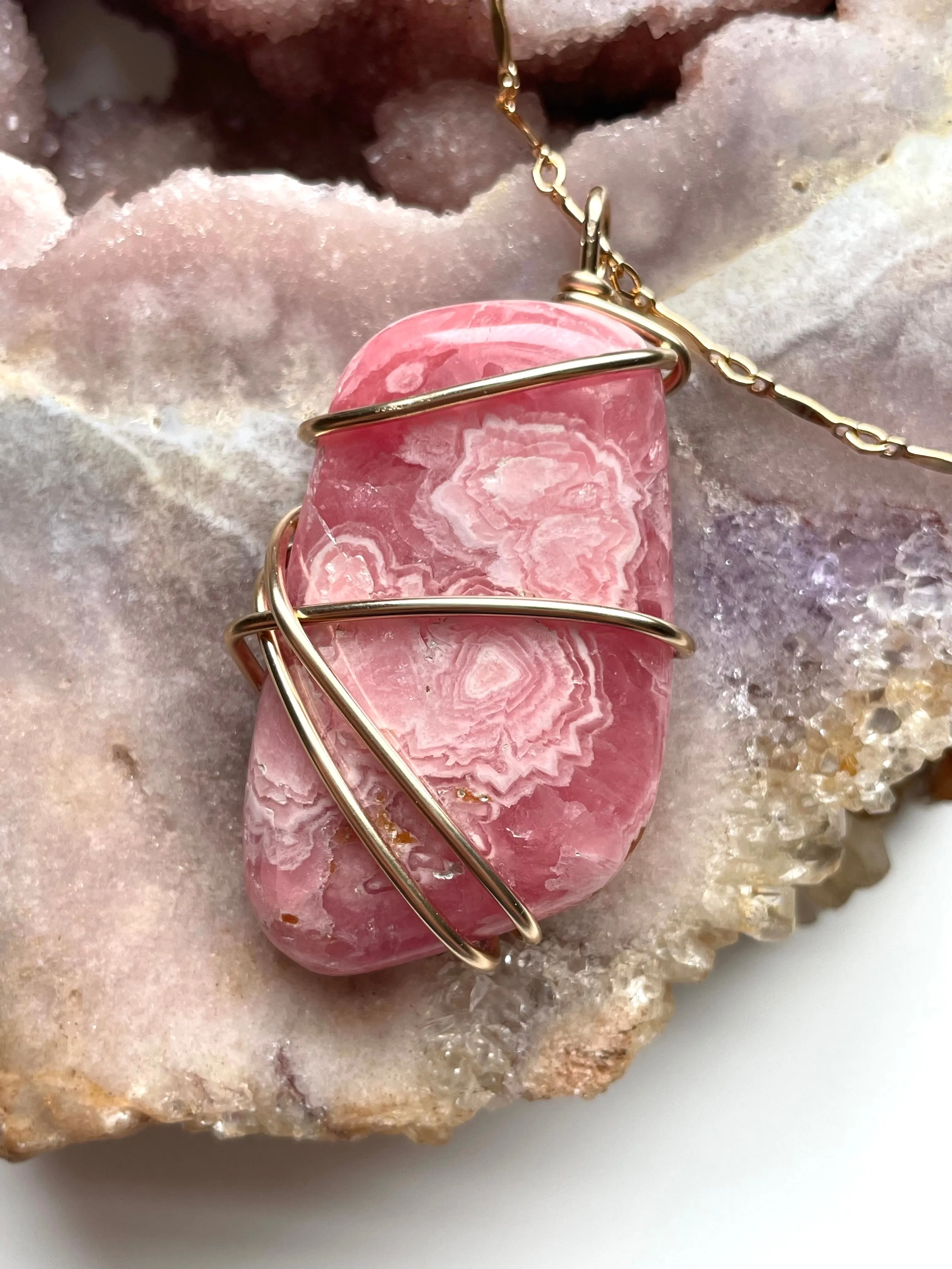 Large Pink Rhodocrosite Statement Stone Pendant  Necklace 14kt Gold Fill