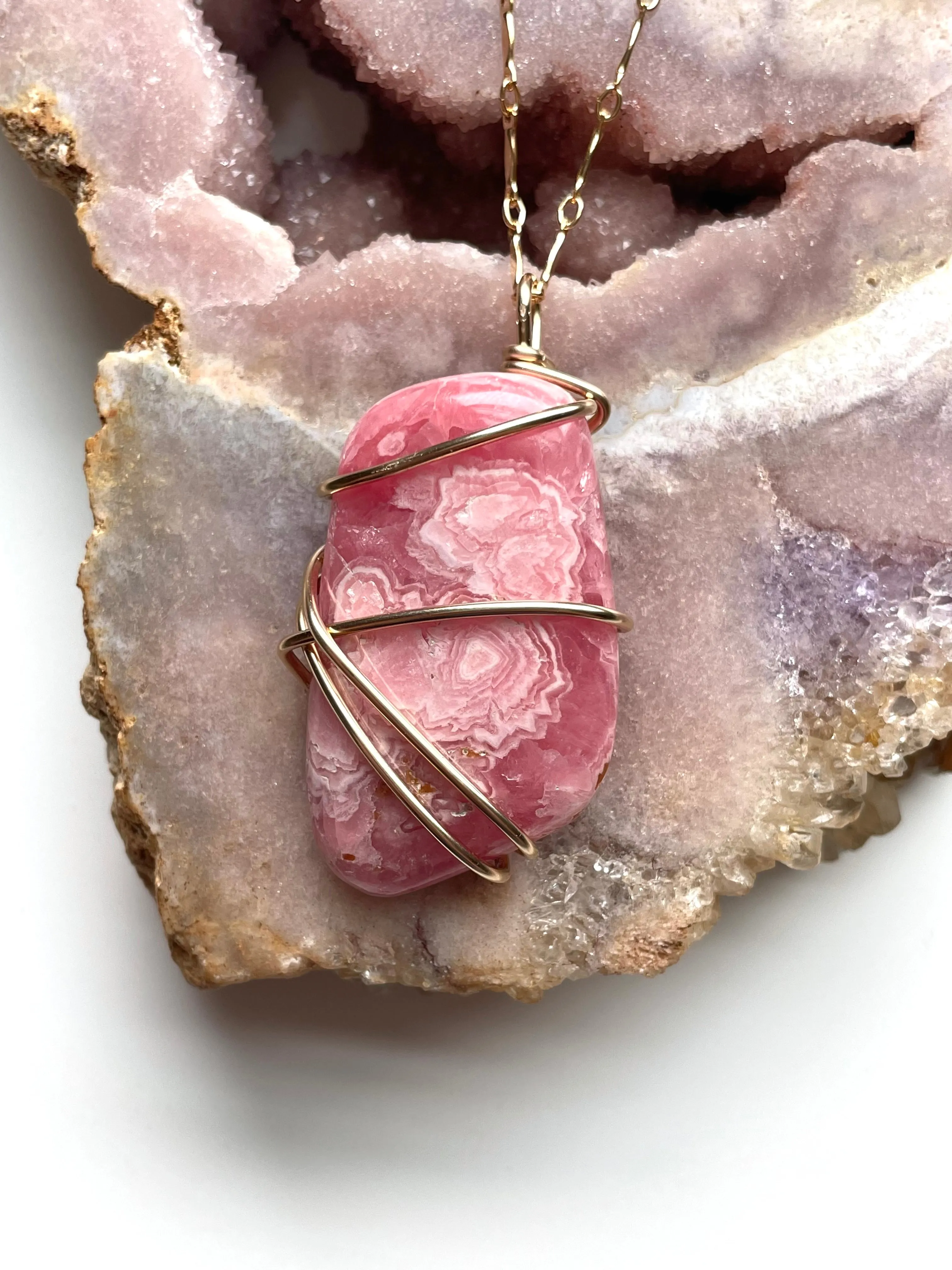 Large Pink Rhodocrosite Statement Stone Pendant  Necklace 14kt Gold Fill