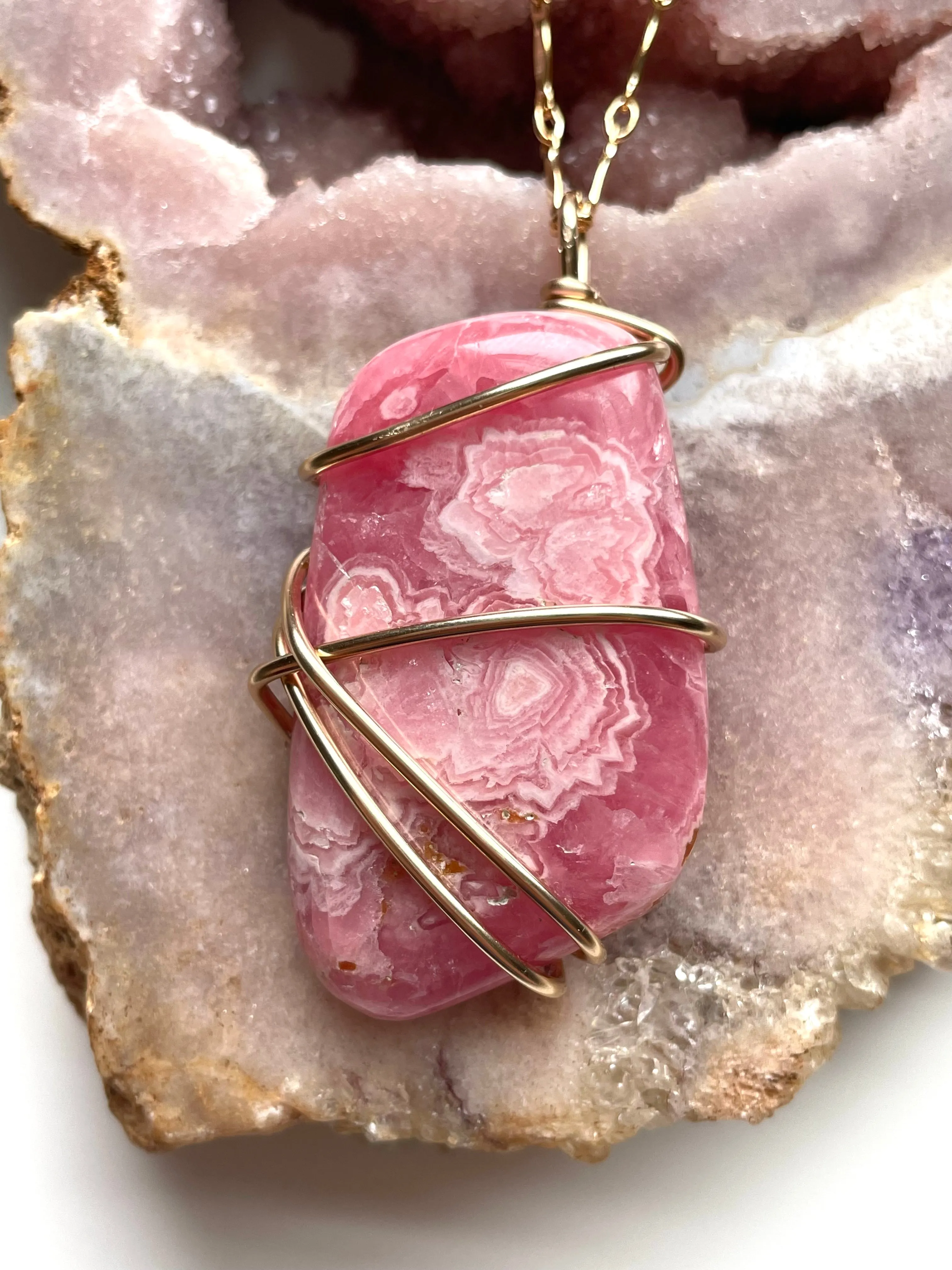 Large Pink Rhodocrosite Statement Stone Pendant  Necklace 14kt Gold Fill