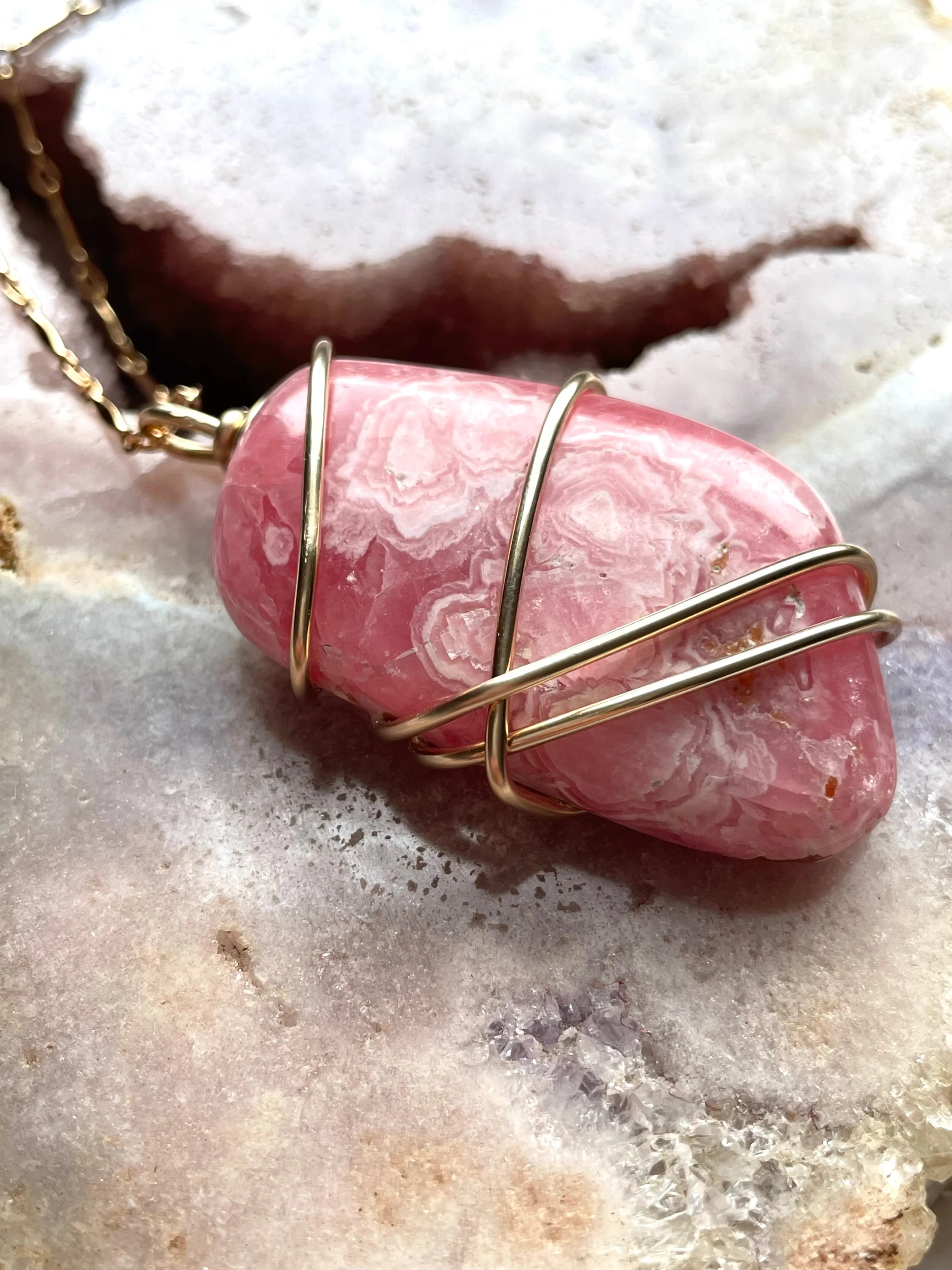 Large Pink Rhodocrosite Statement Stone Pendant  Necklace 14kt Gold Fill