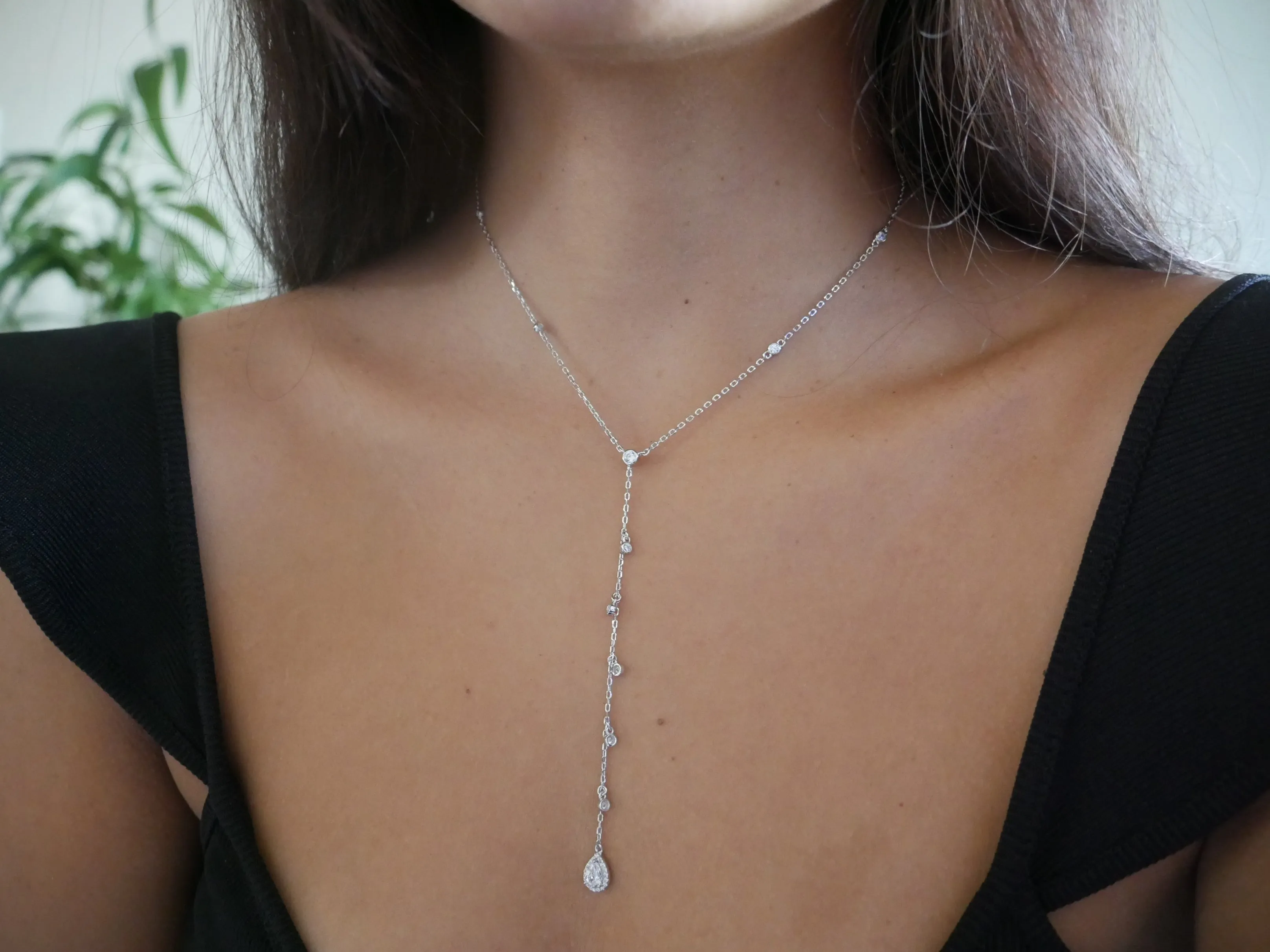 Lariat Y Necklace, .925 Sterling Silver Waterproof Pear Shape Drop Down Diamond CZ Necklace