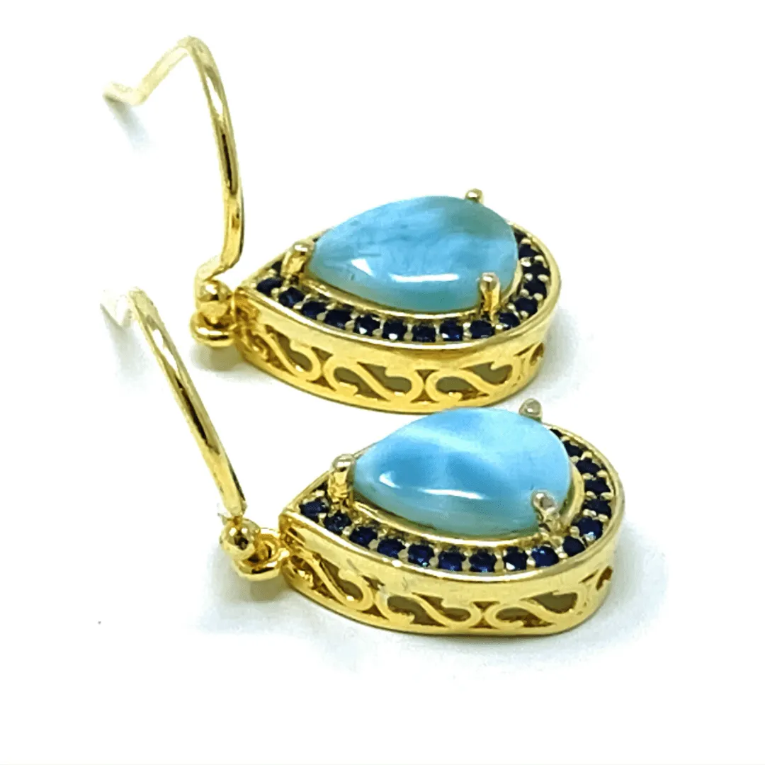 Larimar & Sapphire Teardrop Gold Plated Sterling Silver Earrings