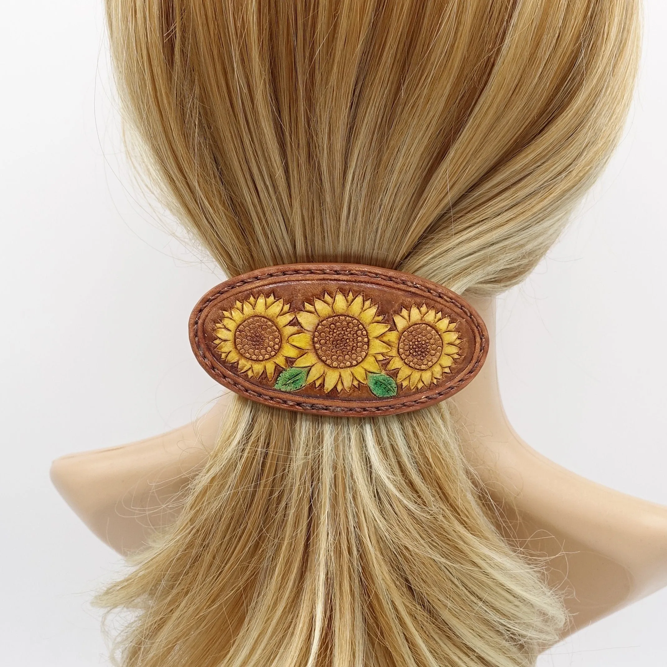 leather hair barrette, Sunflower hair barrette,handmade hair barrette for women