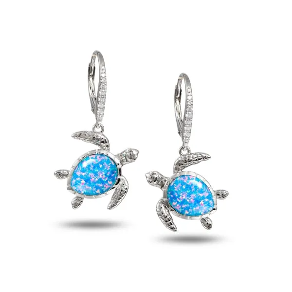 Life@Sea Genuine Sterling Silver Larimar/Synthetic Opal Cabochon Sea Turtle Leverback Earrings