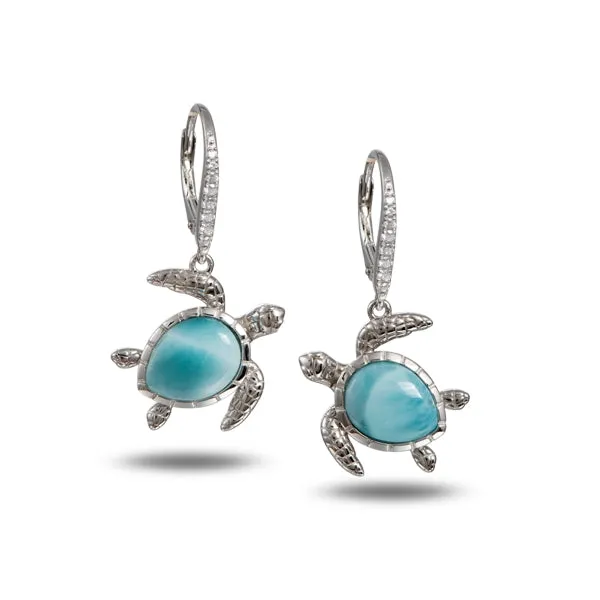 Life@Sea Genuine Sterling Silver Larimar/Synthetic Opal Cabochon Sea Turtle Leverback Earrings