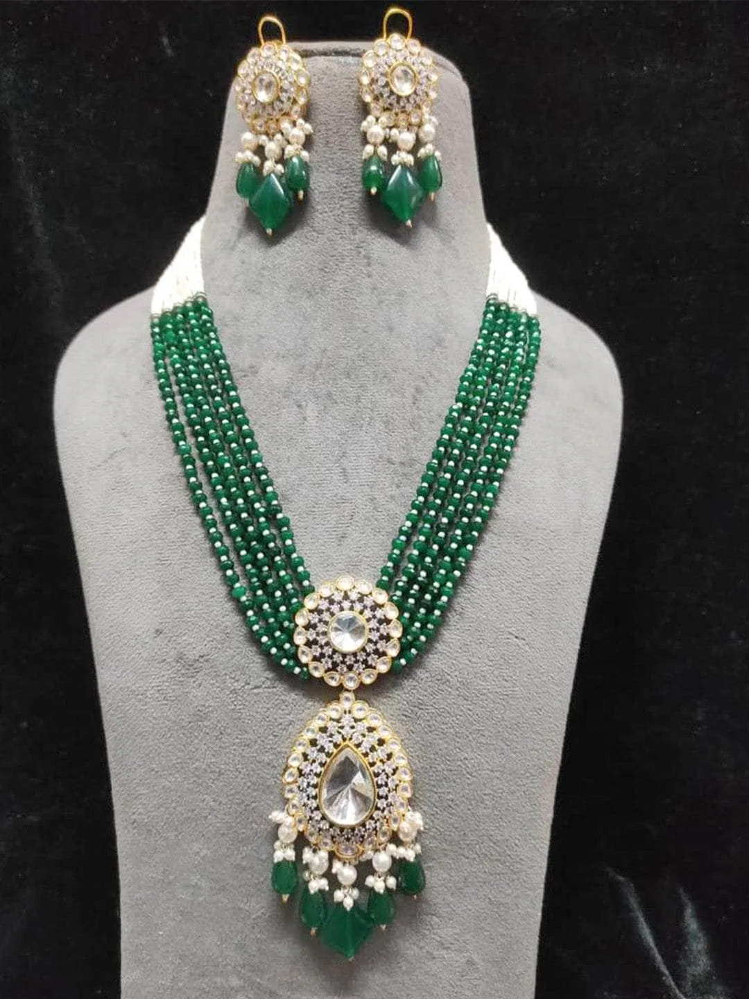 Long Beeded Kundan Studded Necklace Set