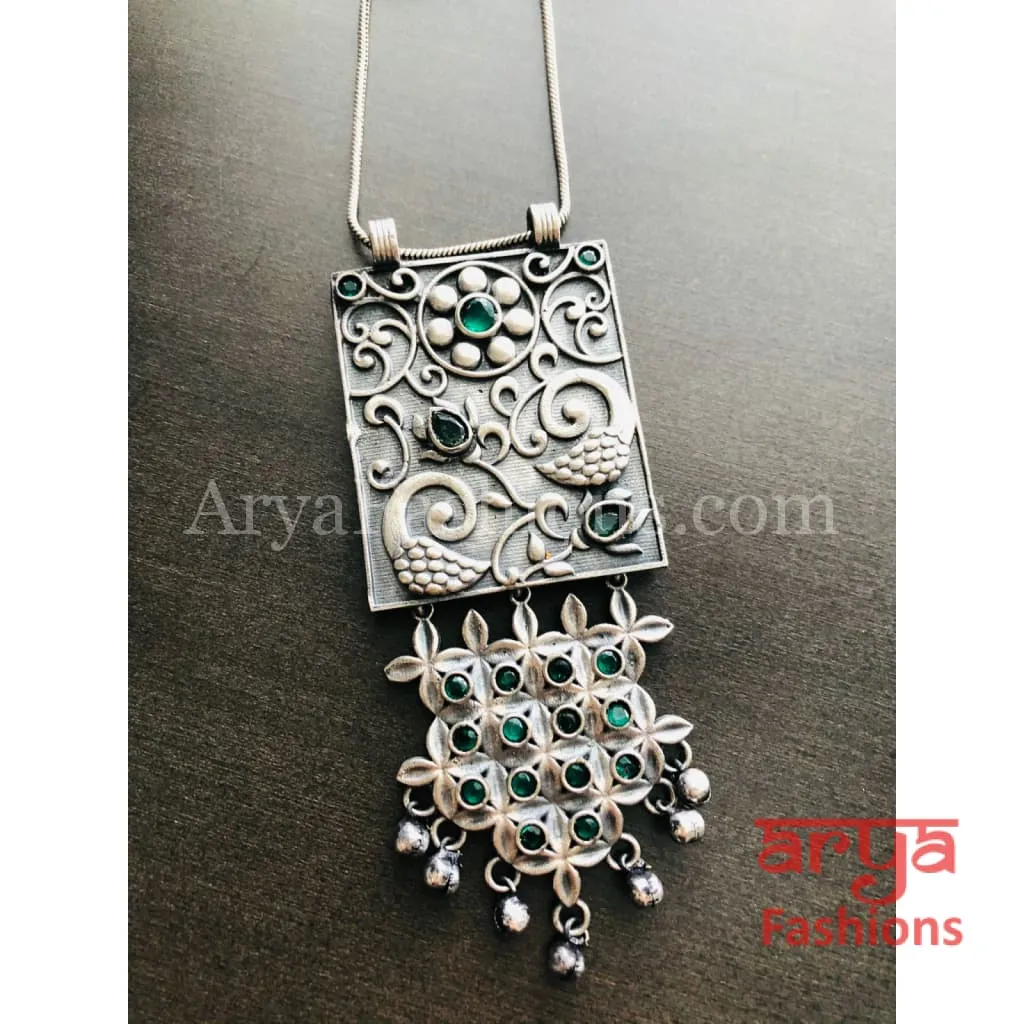 Long Oxidized Silver Pendant Handcarved Necklace with Semi-Precious Green and Blue Stones