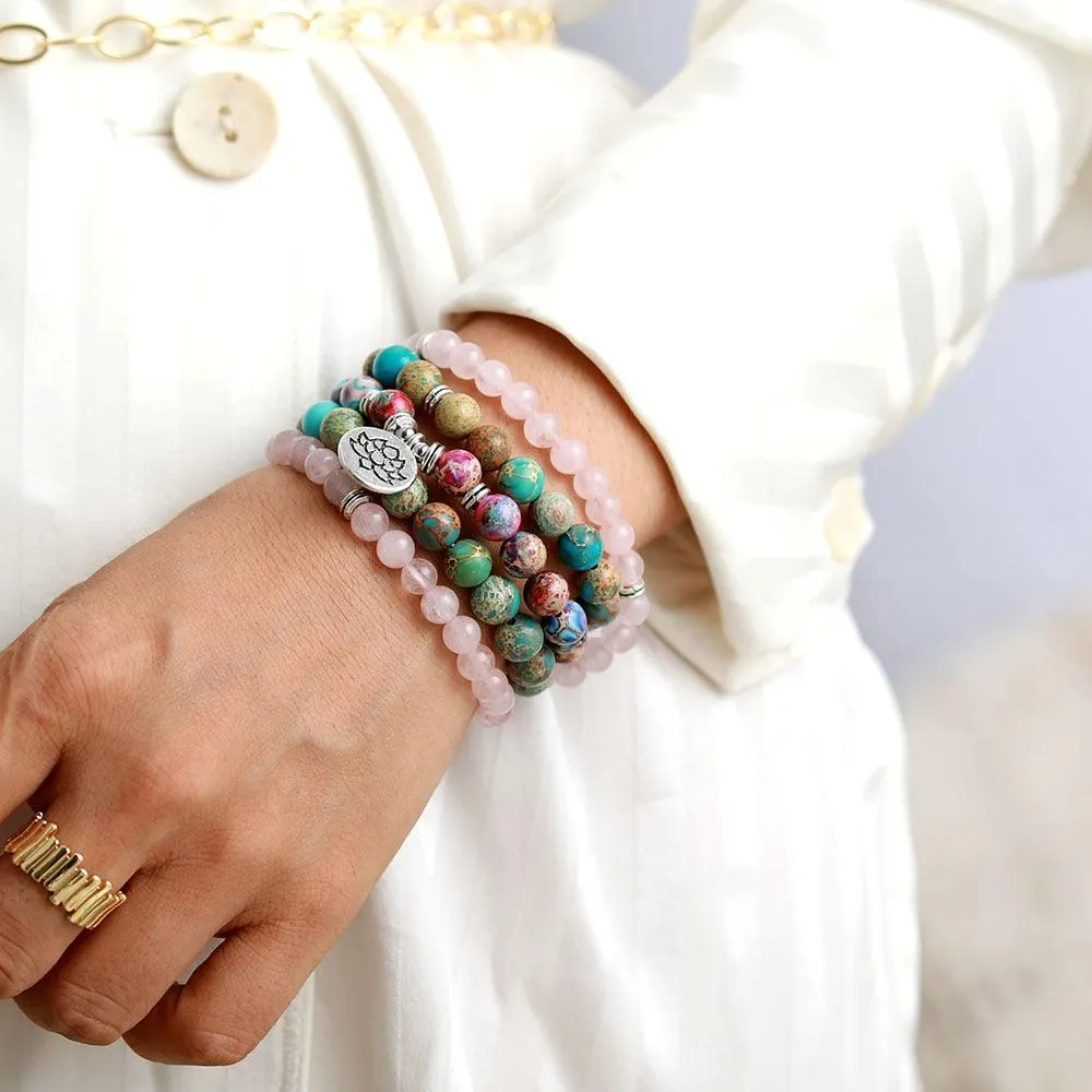 'Lotus Charm' Jasper & Rose Quartz Stretchy Bracelet