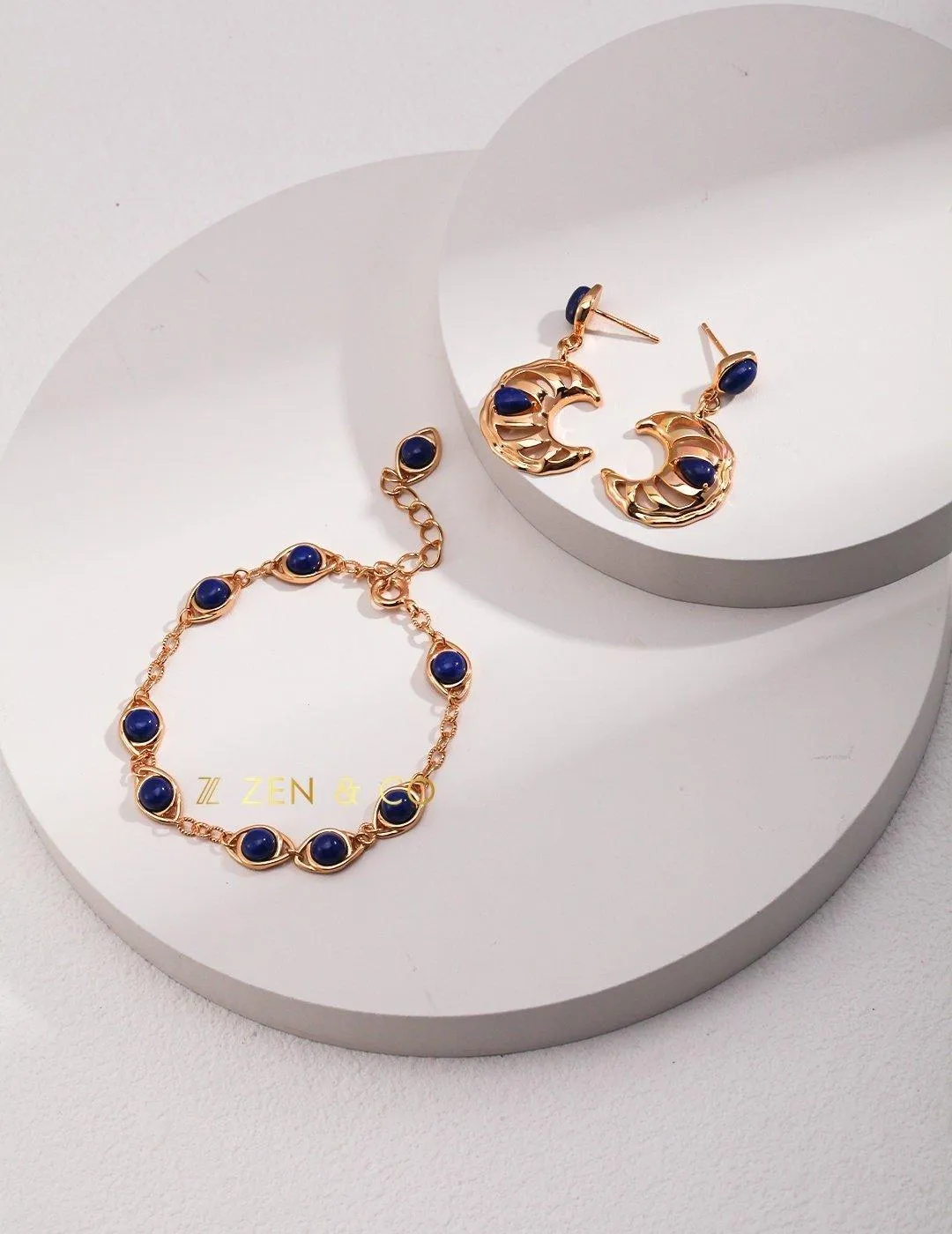 LUNA Moon shaped blue lapis lazuli dangle earrings