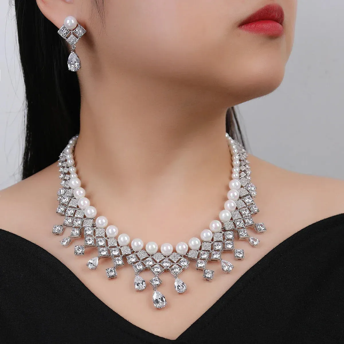 Luxury 2Pcs White ,Red, Blue Necklace Earrings Set Pearl Cubic Zircon Women Wedding Party Jewelry Set CN11219