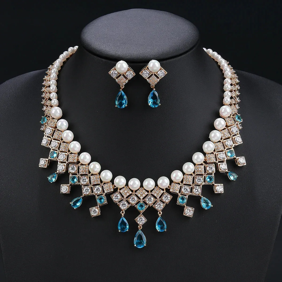 Luxury 2Pcs White ,Red, Blue Necklace Earrings Set Pearl Cubic Zircon Women Wedding Party Jewelry Set CN11219