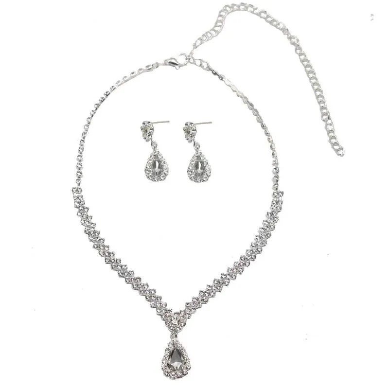 Luxury Water Drop Jewelry Set Charm Silver Color Wedding Dangle Earrings Trendy White Zircon Chain Necklace