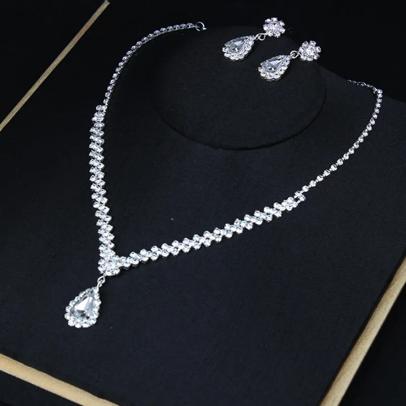 Luxury Water Drop Jewelry Set Charm Silver Color Wedding Dangle Earrings Trendy White Zircon Chain Necklace