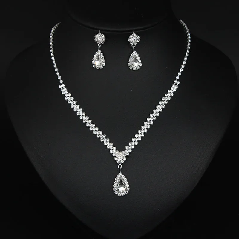 Luxury Water Drop Jewelry Set Charm Silver Color Wedding Dangle Earrings Trendy White Zircon Chain Necklace