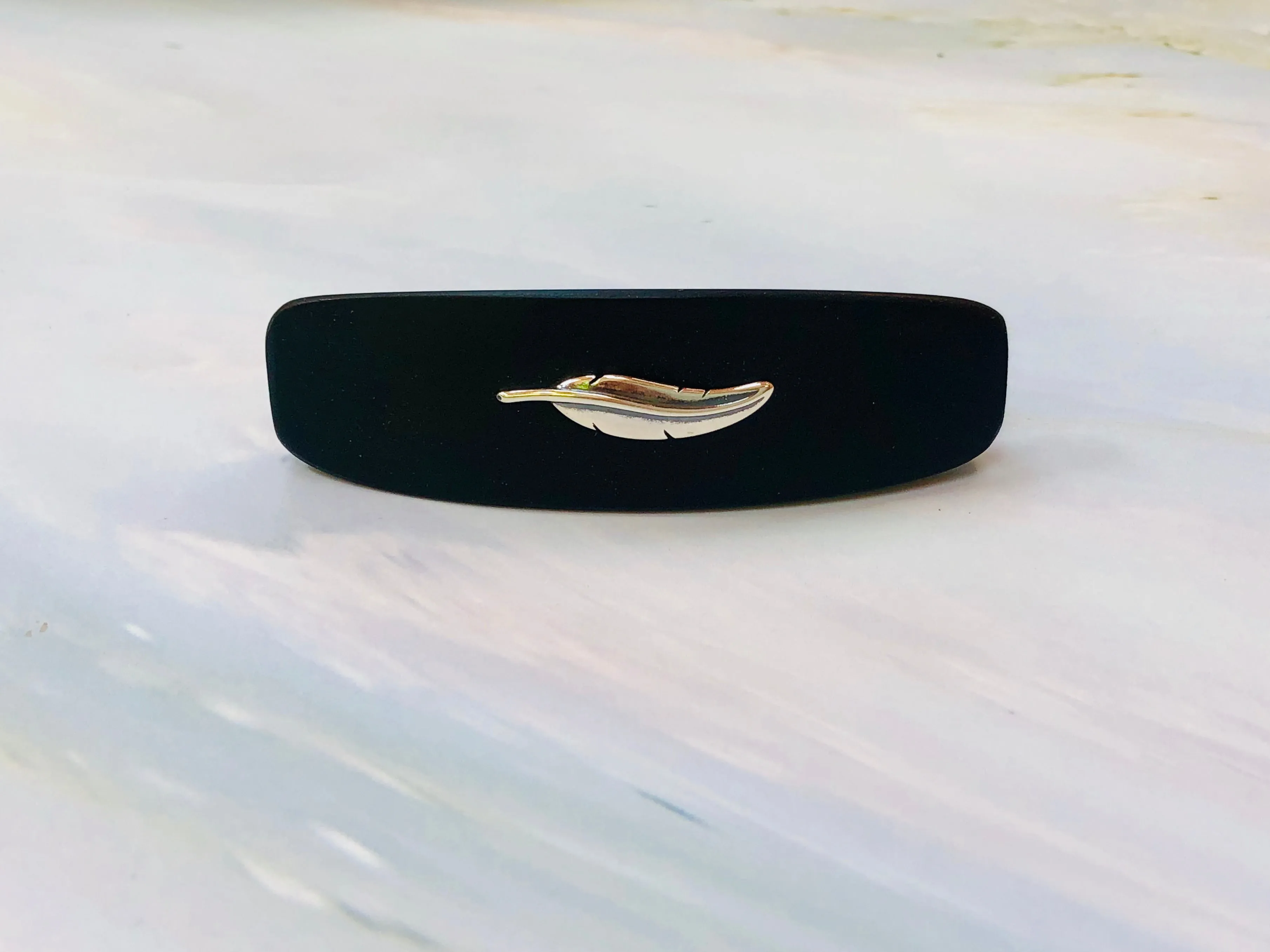 Medium Ebony Feather Barrette, Sterling Silver hair clip wooden barrette