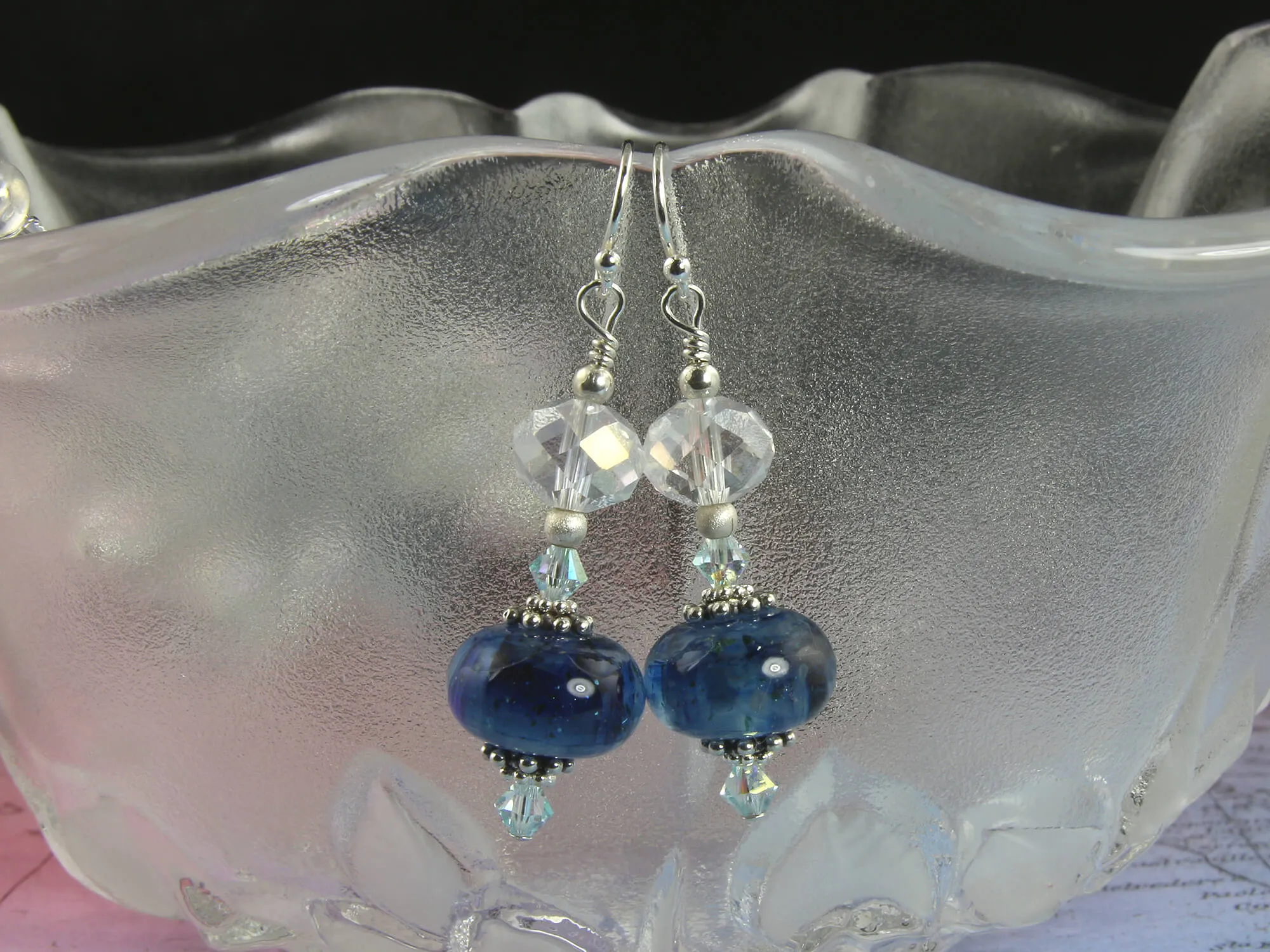 Midnight Blue Swirls Lampwork Earrings