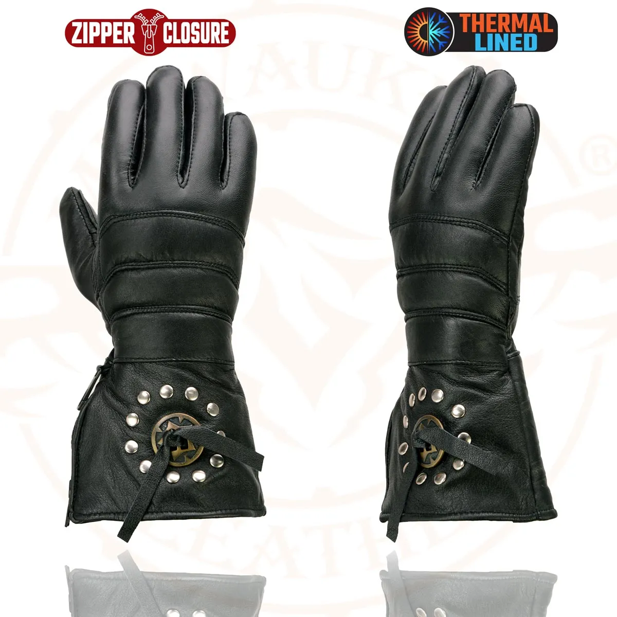 Milwaukee Leather Men's Gauntlet Motorcycle Hand Gloves-Black Leather Thermal Lined with Conchos on Cuff- SH238