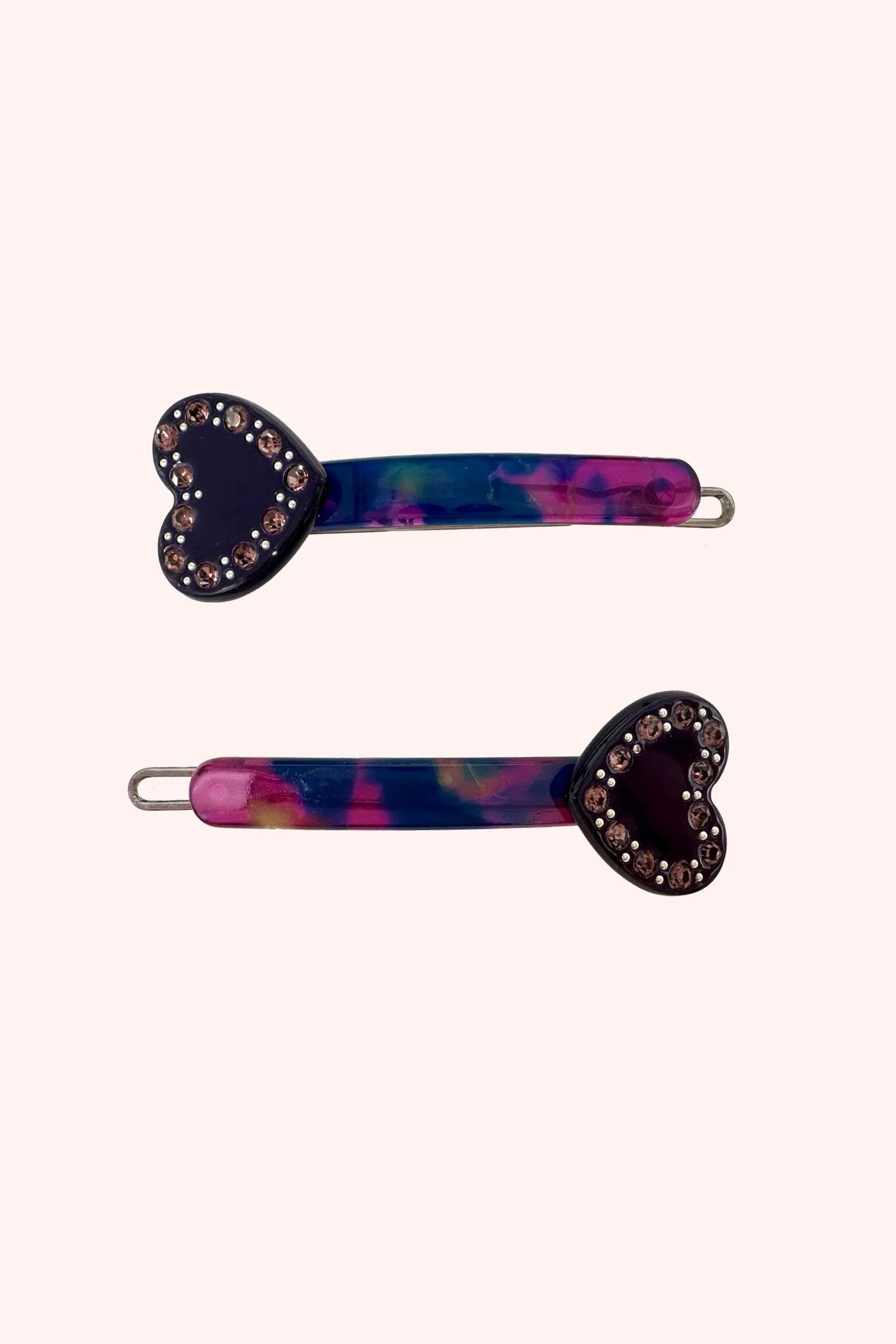 Mini Bedazzled Hearts Barrette Pair Navy Multi