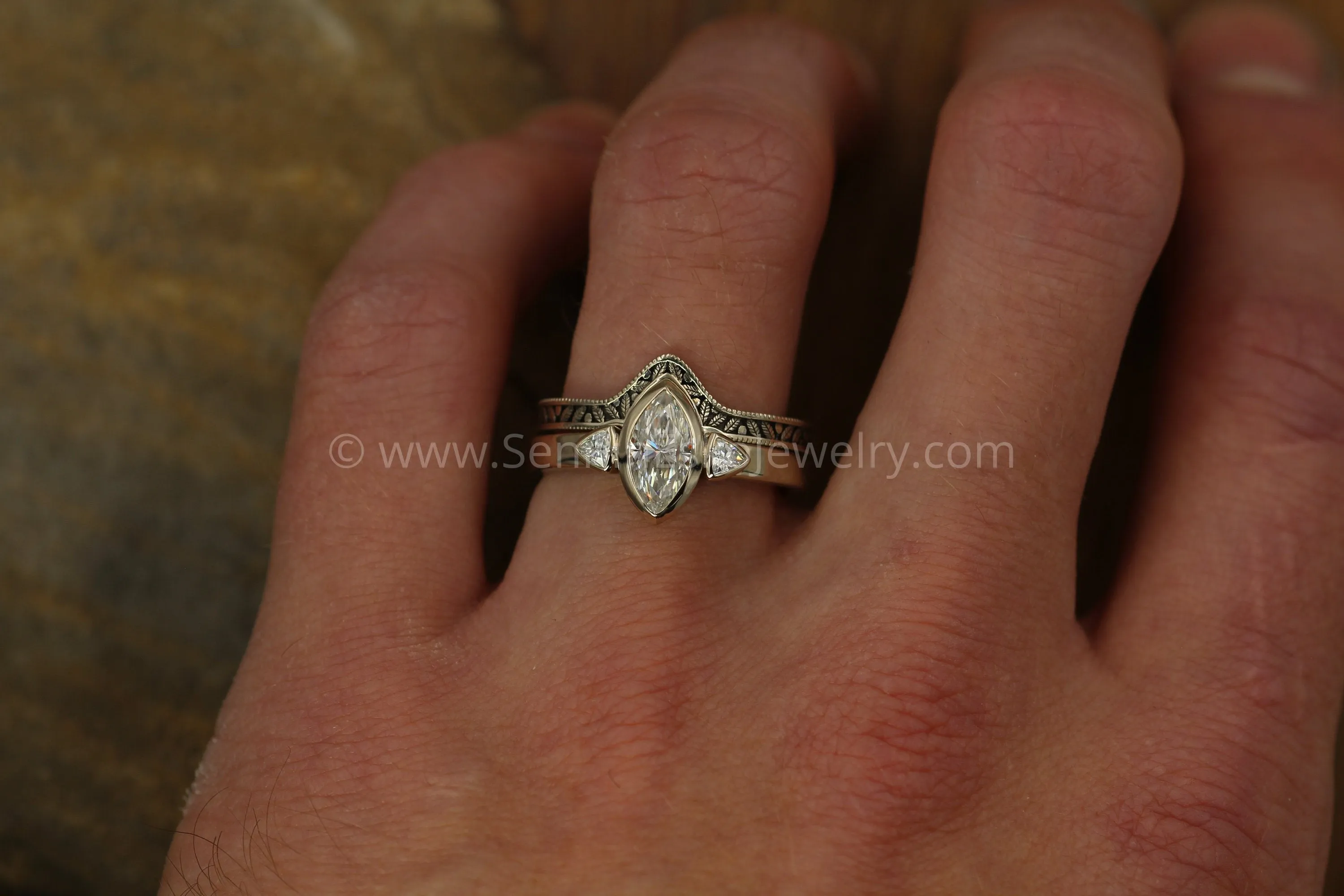 Moissanite White Gold Hand Made Vintage Inspired Engagement Ring - Marquise Ring