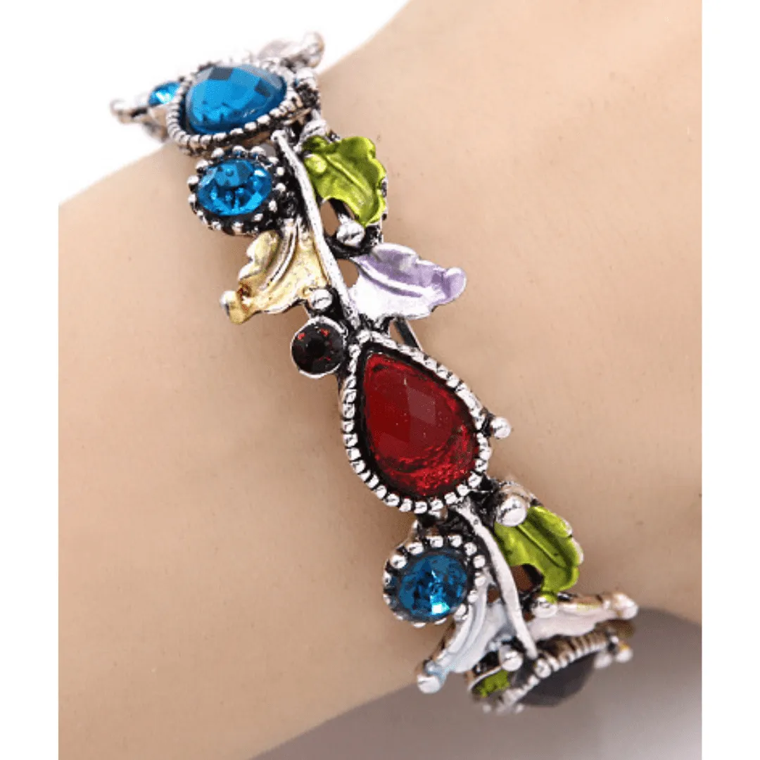 Multi Color Crystal Adjustable Flower Bangle Bracelet In Silver