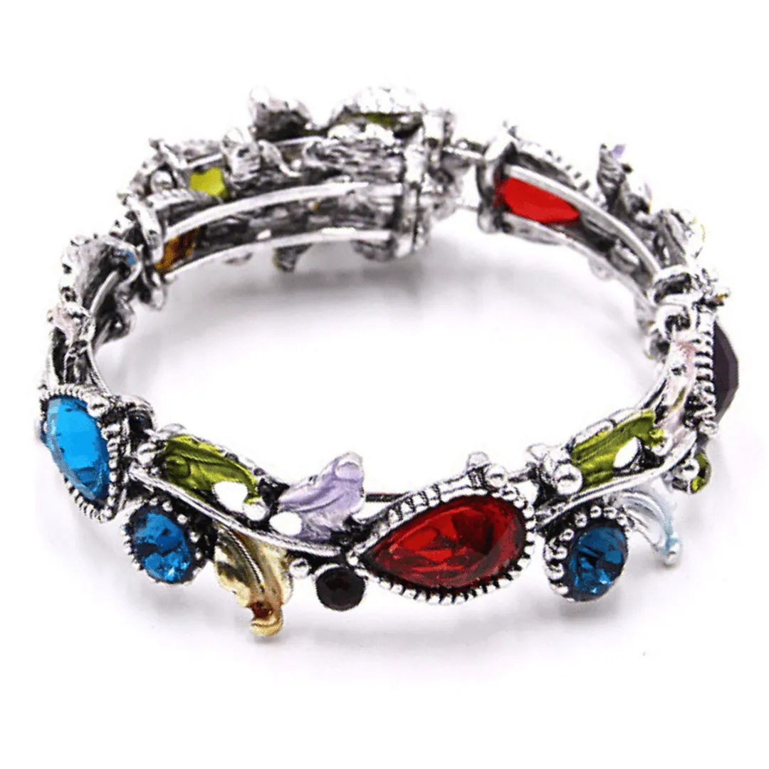 Multi Color Crystal Adjustable Flower Bangle Bracelet In Silver