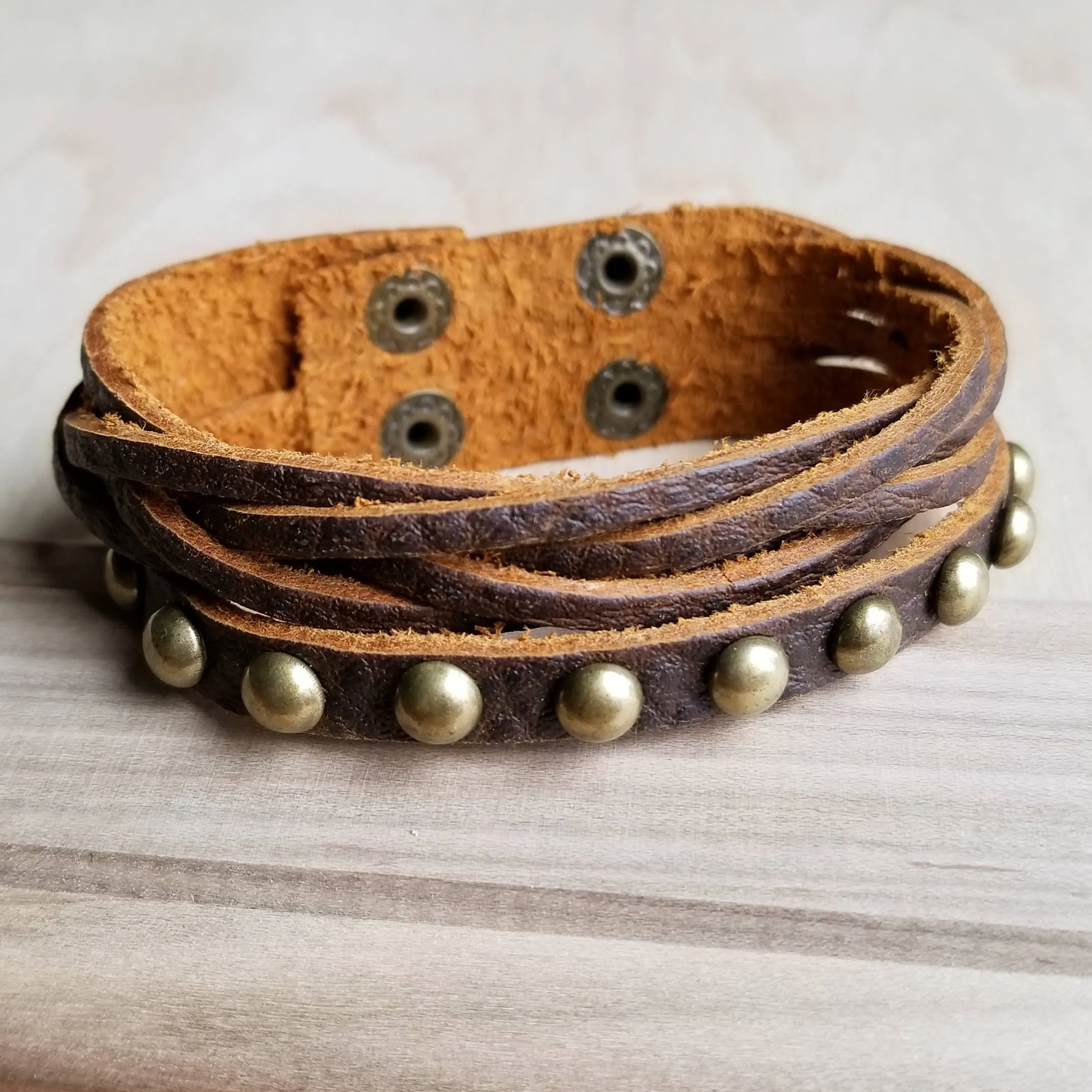 Multi-Strand Leather Cuff with Antique Gold Studs 007s