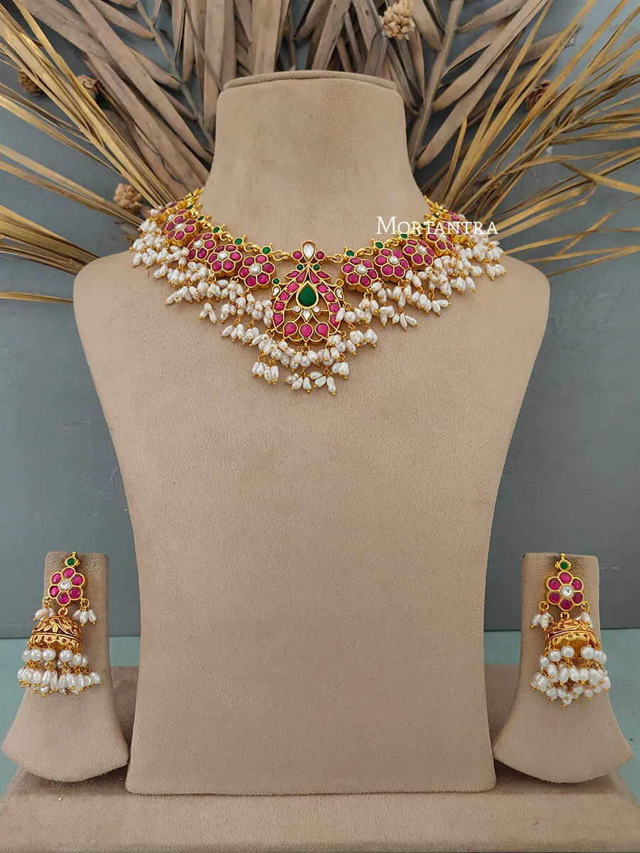 Multicolor Gold Plated Temple Necklace Set - TMPSET154M