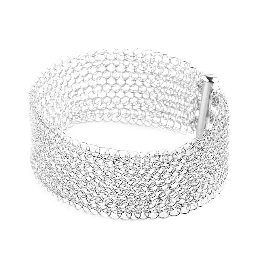 Narrow Silver cuff bracelet Knitted jewelry