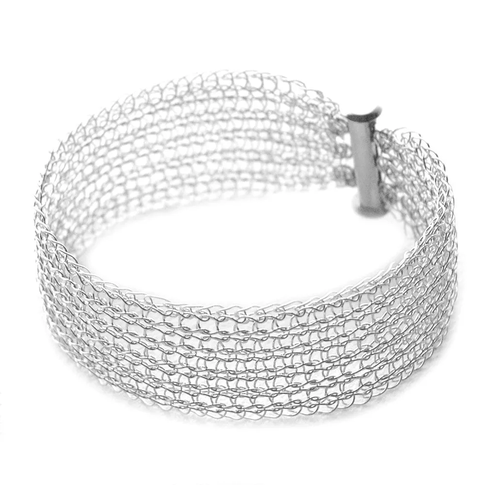 Narrow Silver cuff bracelet Knitted jewelry