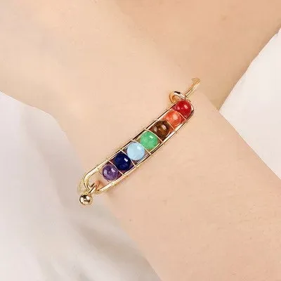 Natural Stone Beaded Cuff Bangle/Gold And Silver Plated Chakra Bracelets