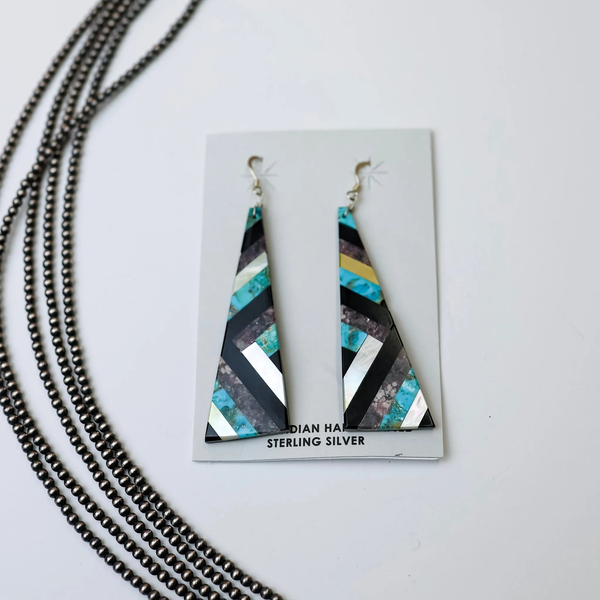 Navajo | Navajo Handmade Turquoise, Opal, and Onyx Geometric Design Slab Earrings