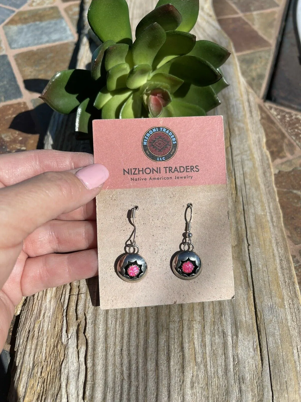 Navajo Pink Opal And Sterling Silver Shadow Box Post Earrings