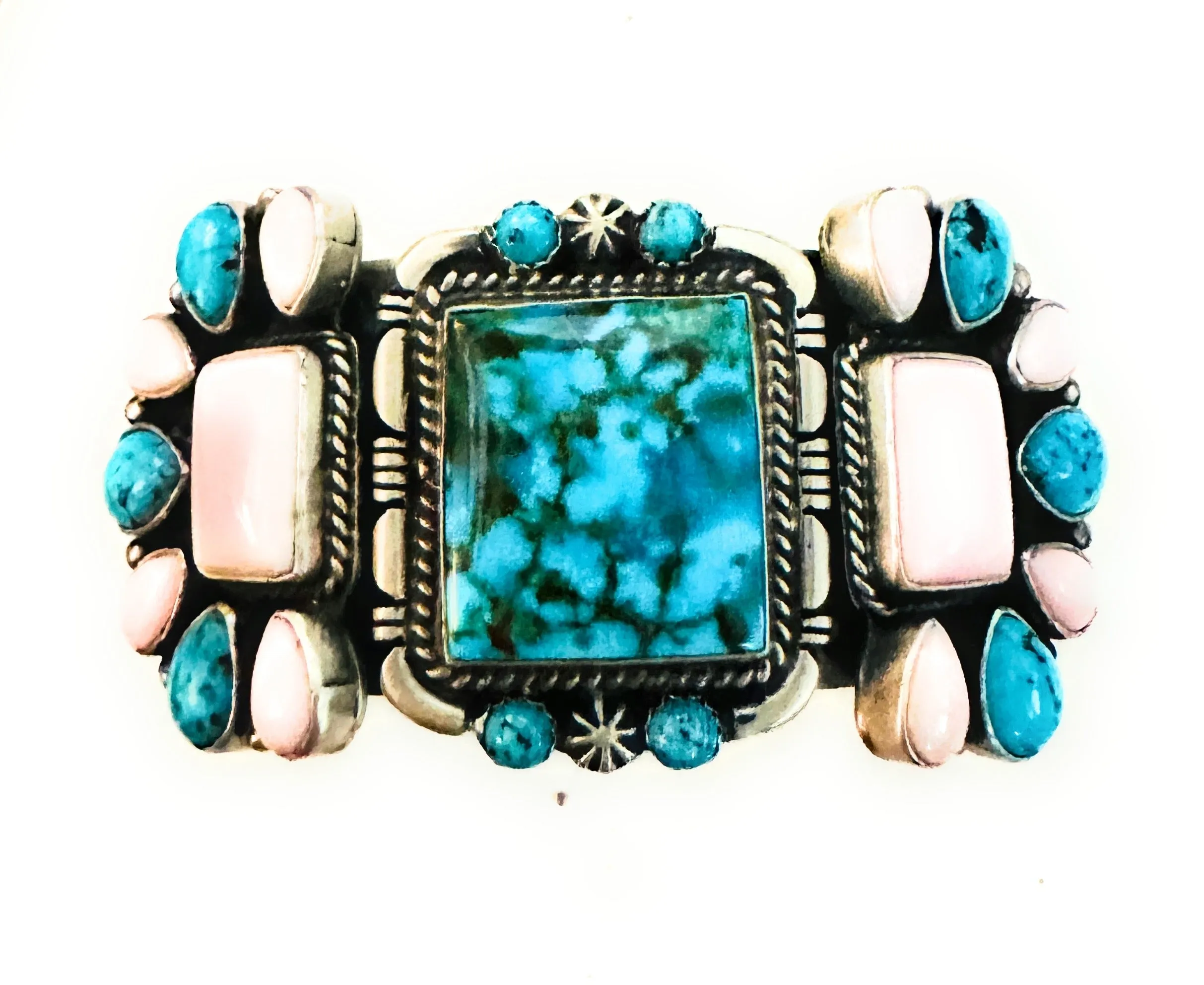 Navajo Sterling Silver, Turquoise & Queen Pink Conch Cuff Bracelet