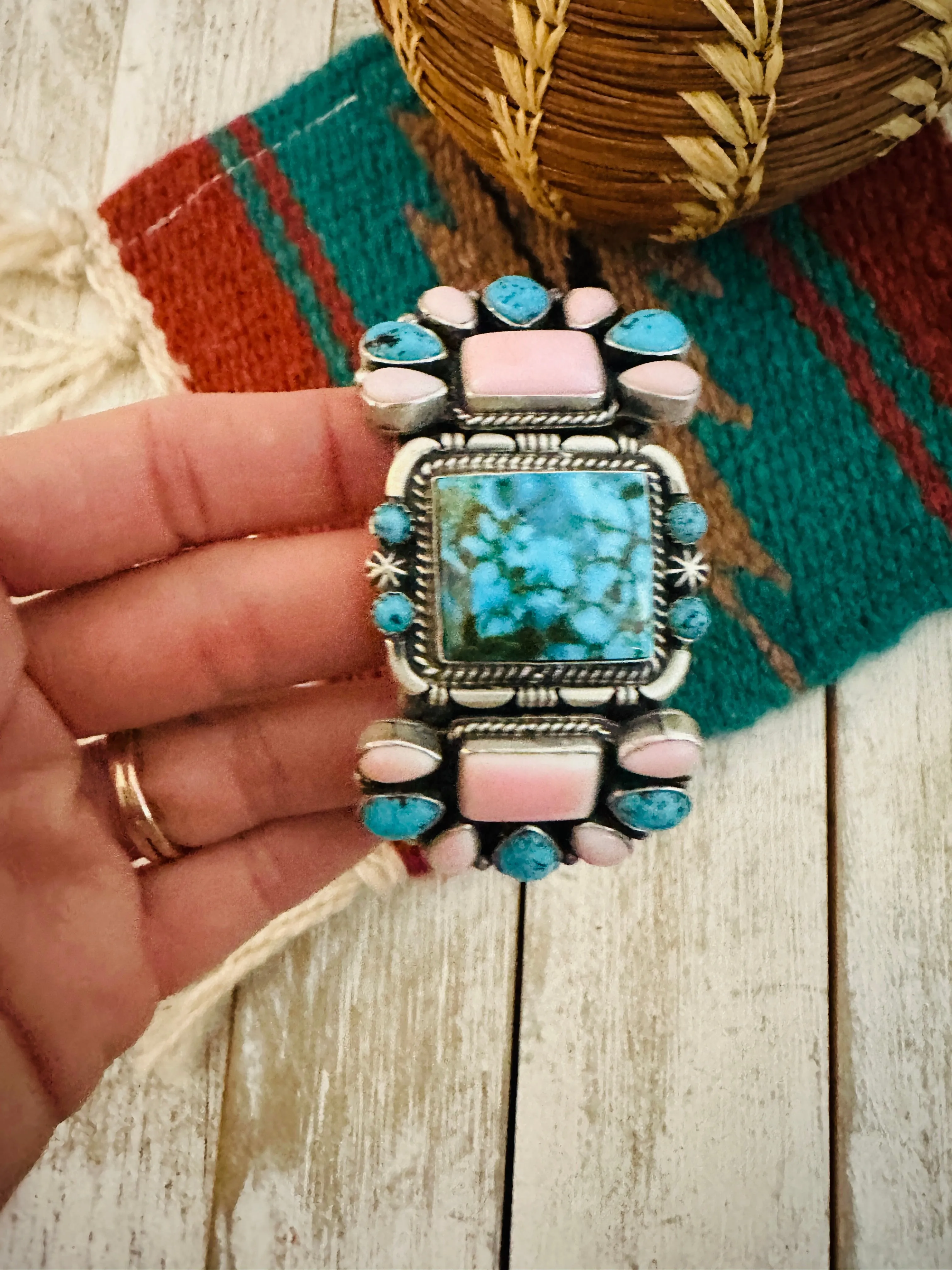 Navajo Sterling Silver, Turquoise & Queen Pink Conch Cuff Bracelet