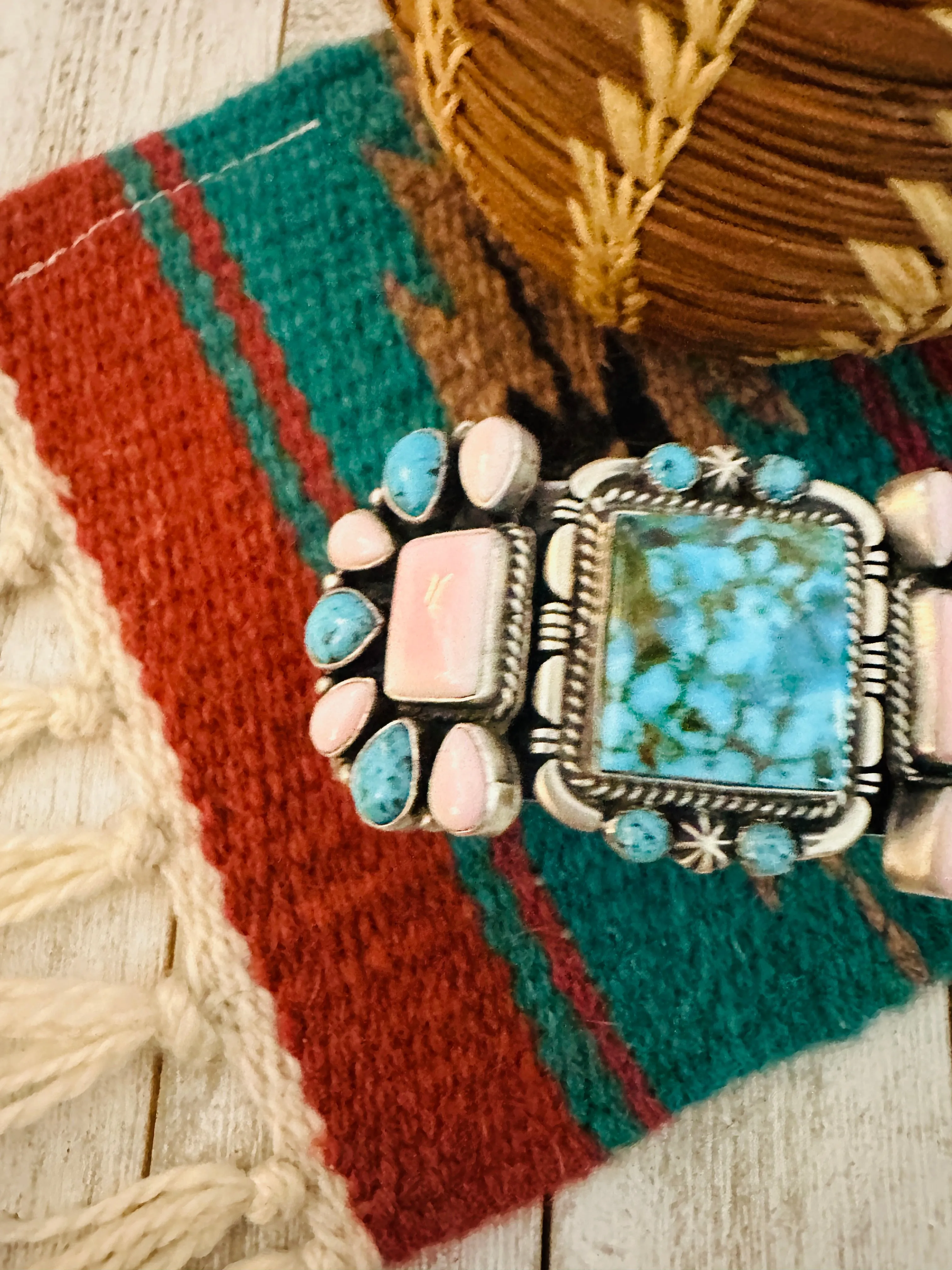 Navajo Sterling Silver, Turquoise & Queen Pink Conch Cuff Bracelet